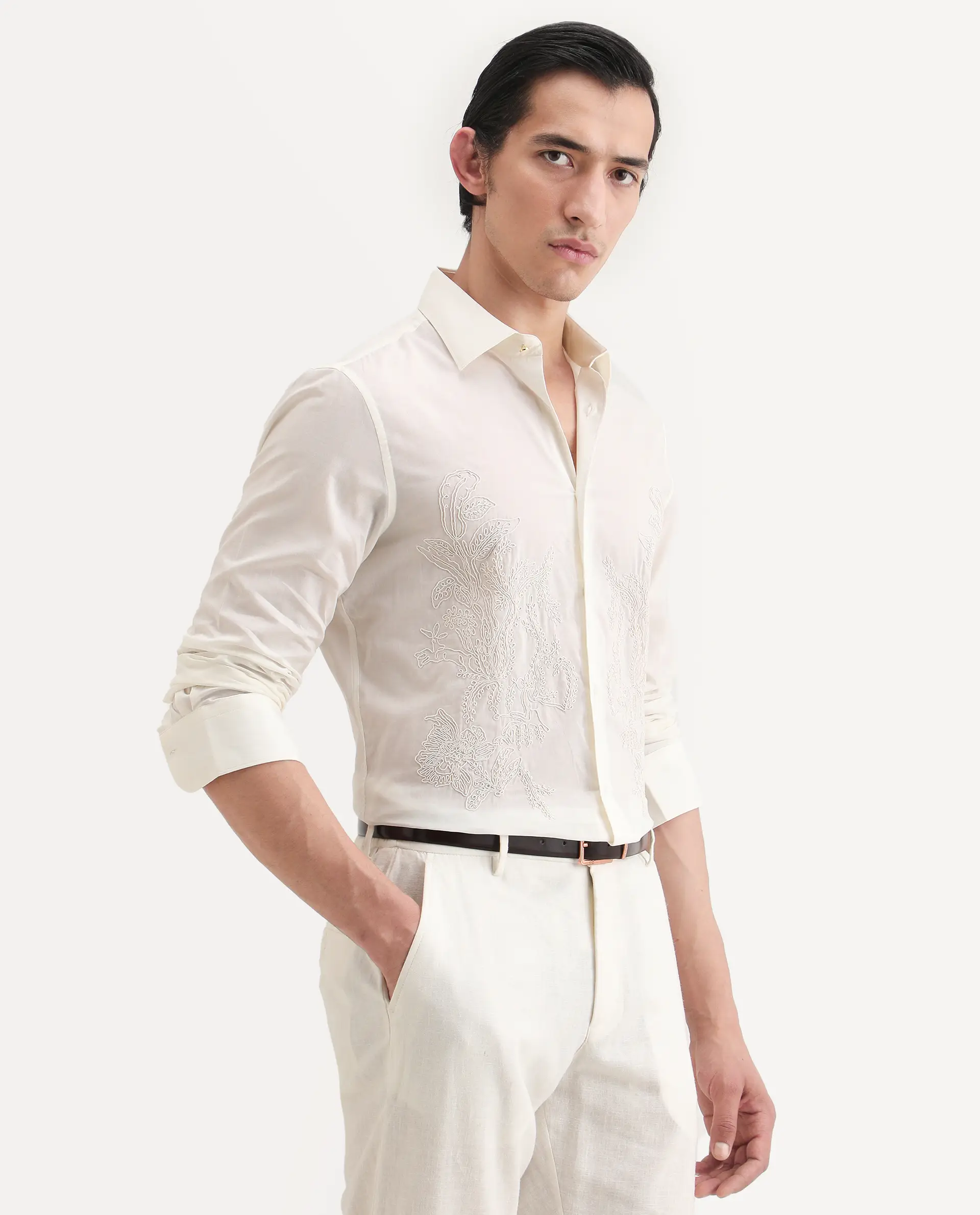 Rare Rabbit Men's Dori Off White Cotton Fabric Full Sleeves Collared Neck Button Closure Embroidered Shirt - Image 5
