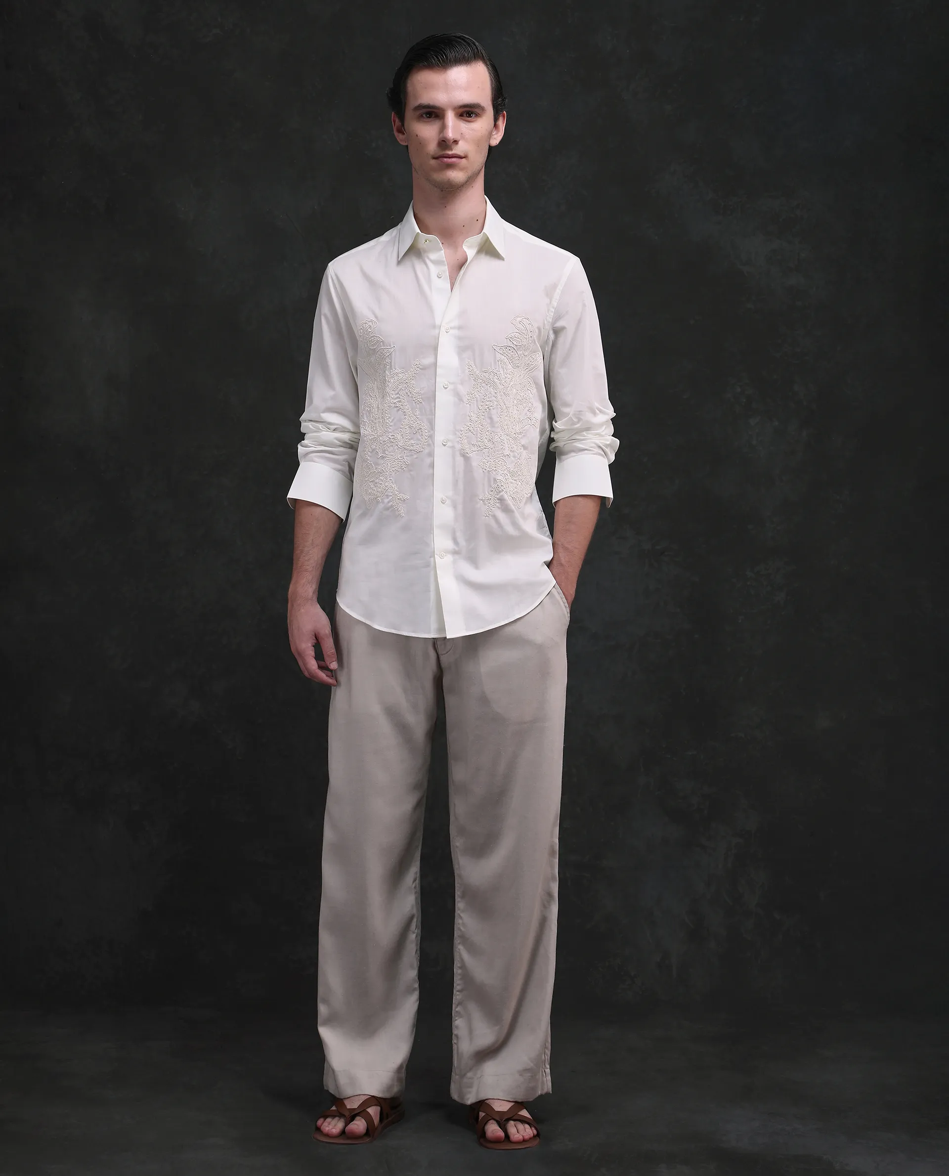 Rare Rabbit Men's Dori White Cotton Fabric Full Sleeves Collared Neck Button Closure Embroidered Shirt - Image 2
