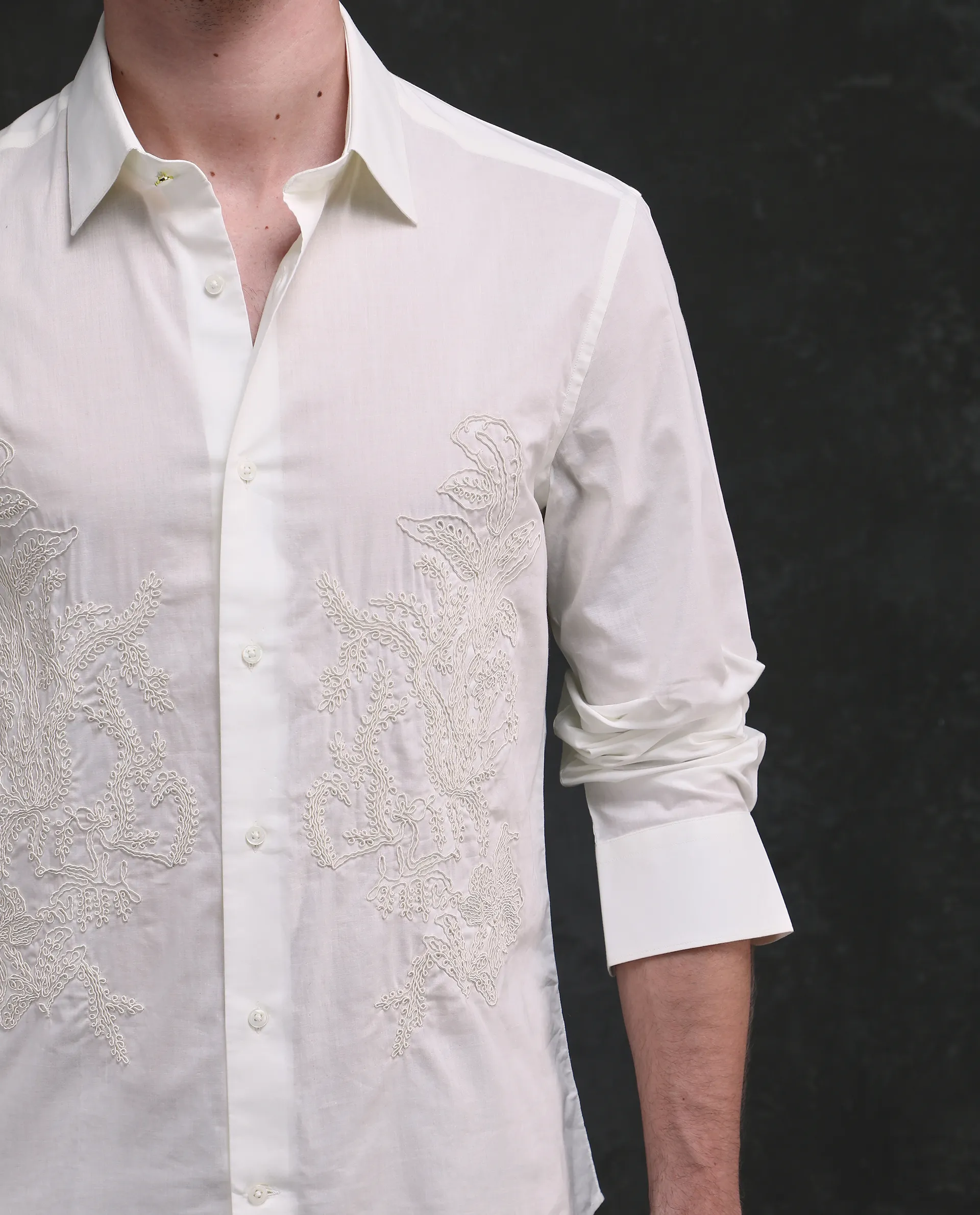 Rare Rabbit Men's Dori White Cotton Fabric Full Sleeves Collared Neck Button Closure Embroidered Shirt - Image 3