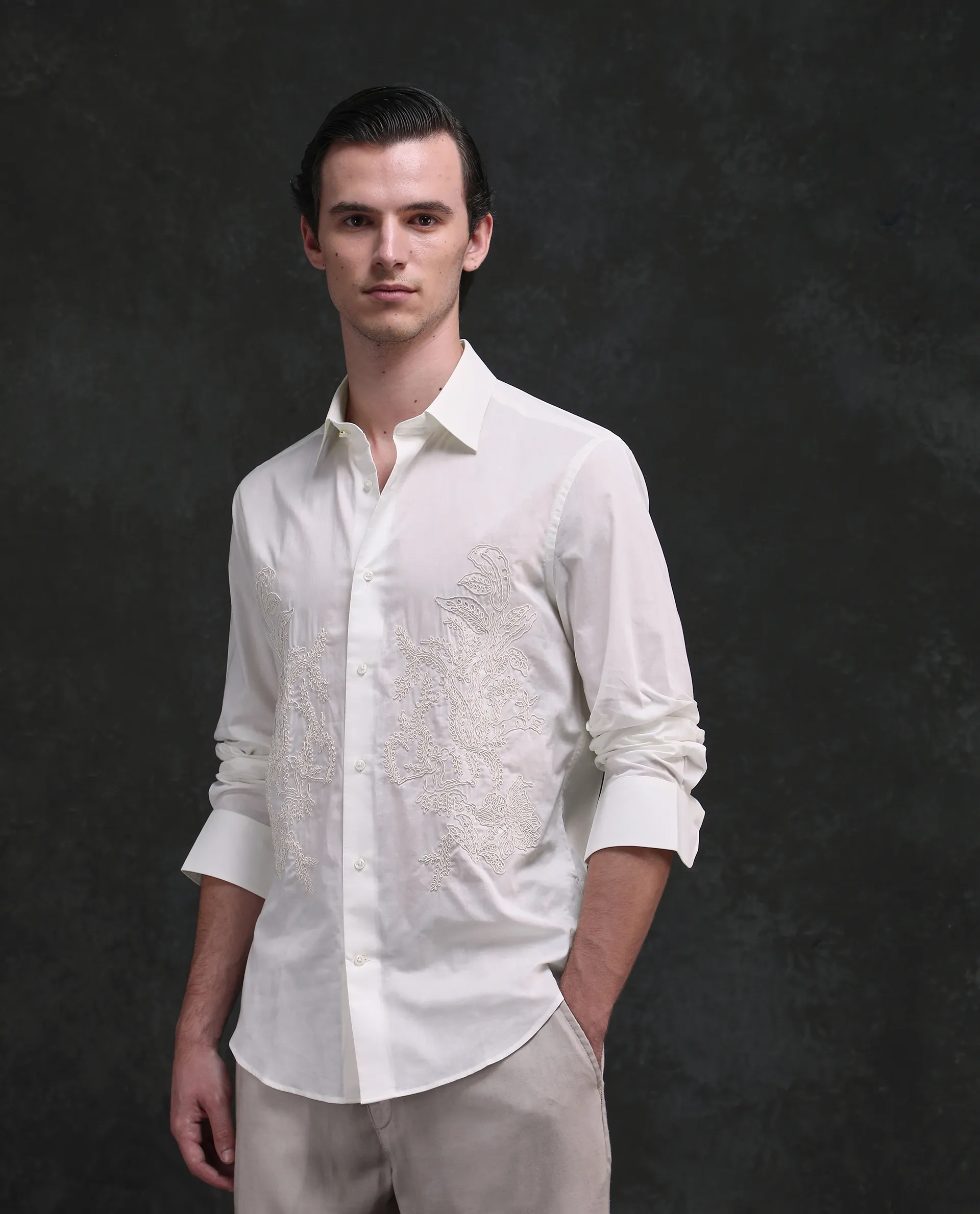 Rare Rabbit Men's Dori White Cotton Fabric Full Sleeves Collared Neck Button Closure Embroidered Shirt - Image 4