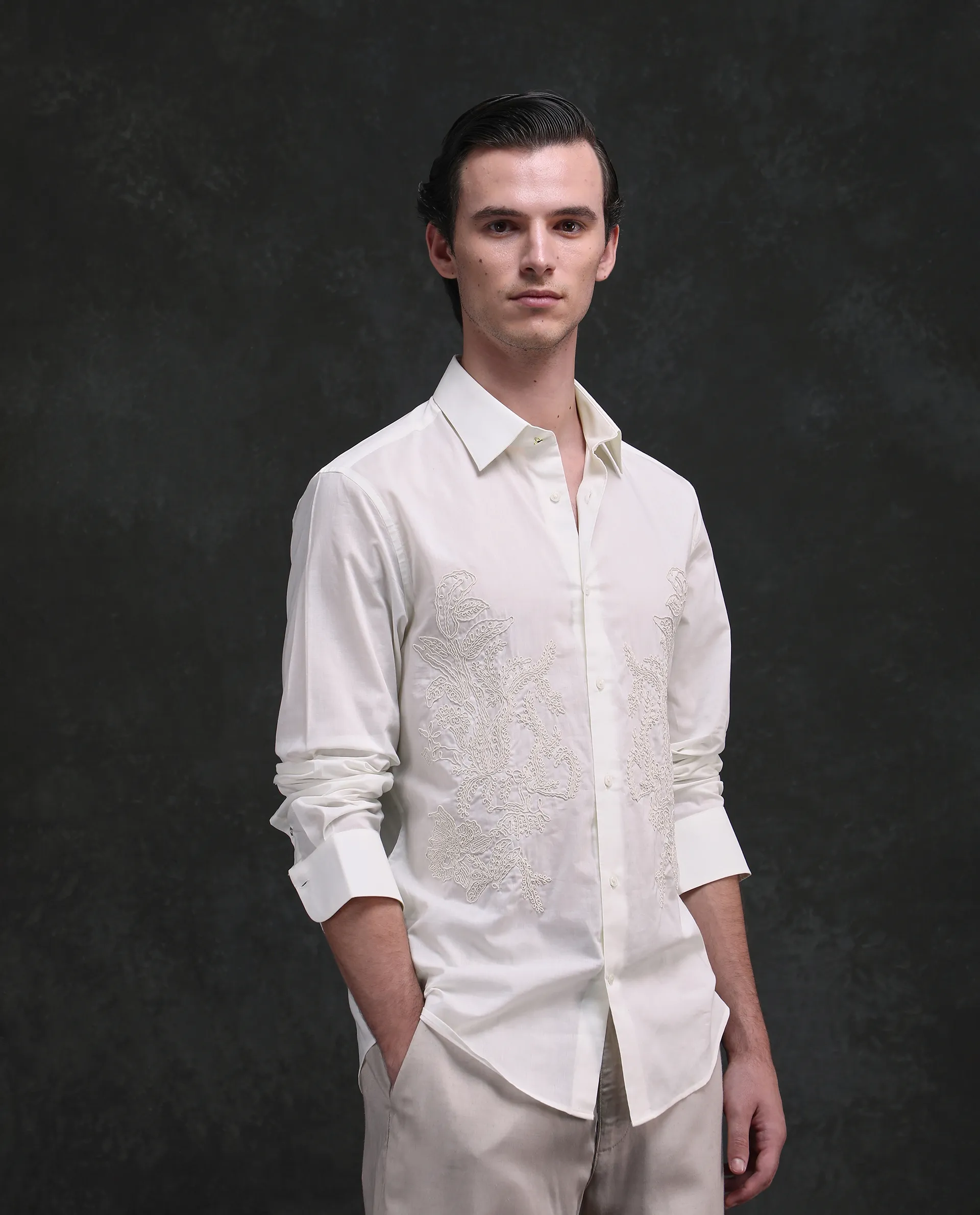 Rare Rabbit Men's Dori White Cotton Fabric Full Sleeves Collared Neck Button Closure Embroidered Shirt - Image 6