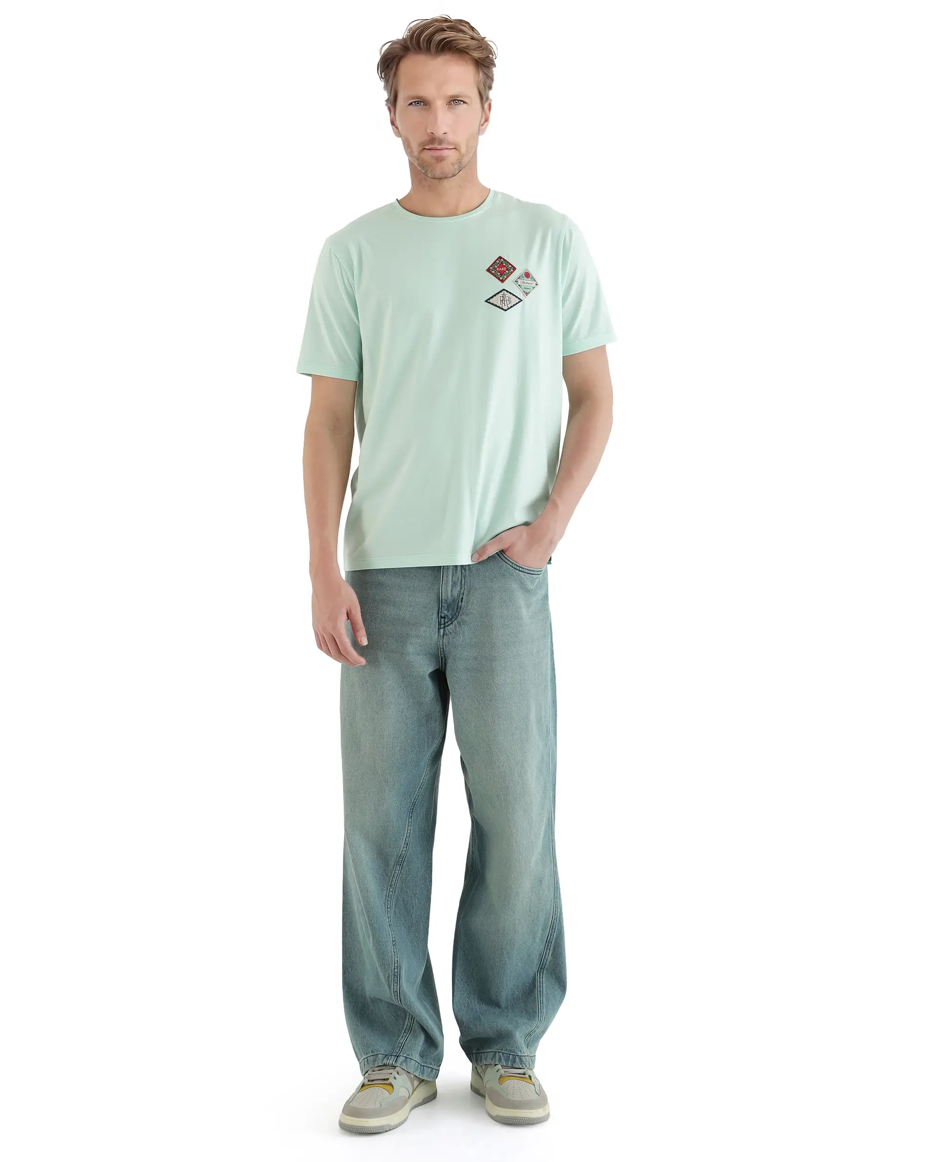 Rare Rabbit Men's Dorl Light Blue Cotton Blend Graphic Print Regular Fit Half Sleeve Crew Neck T-Shirt - Image 2