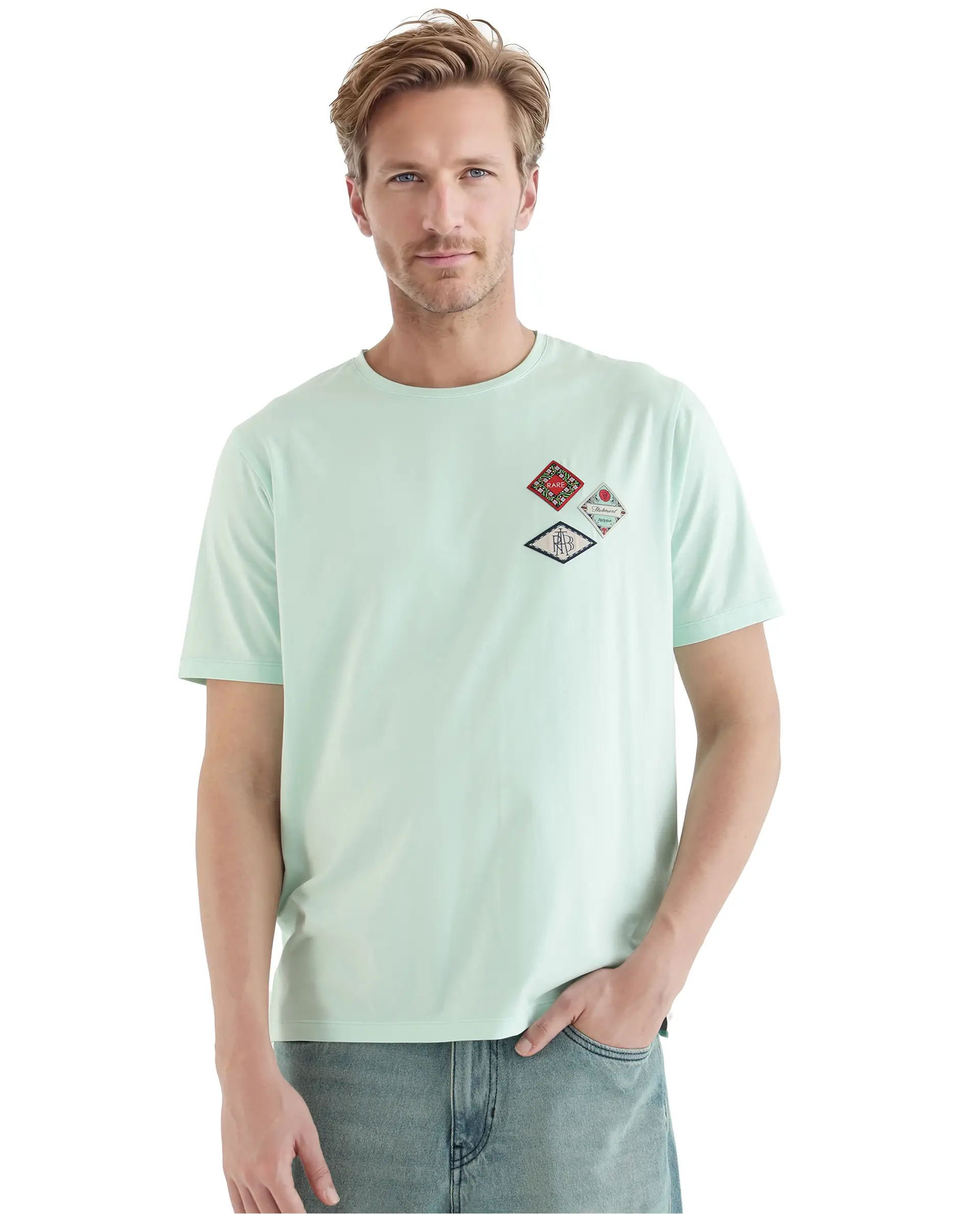 Rare Rabbit Men's Dorl Light Blue Cotton Blend Graphic Print Regular Fit Half Sleeve Crew Neck T-Shirt - Image 3