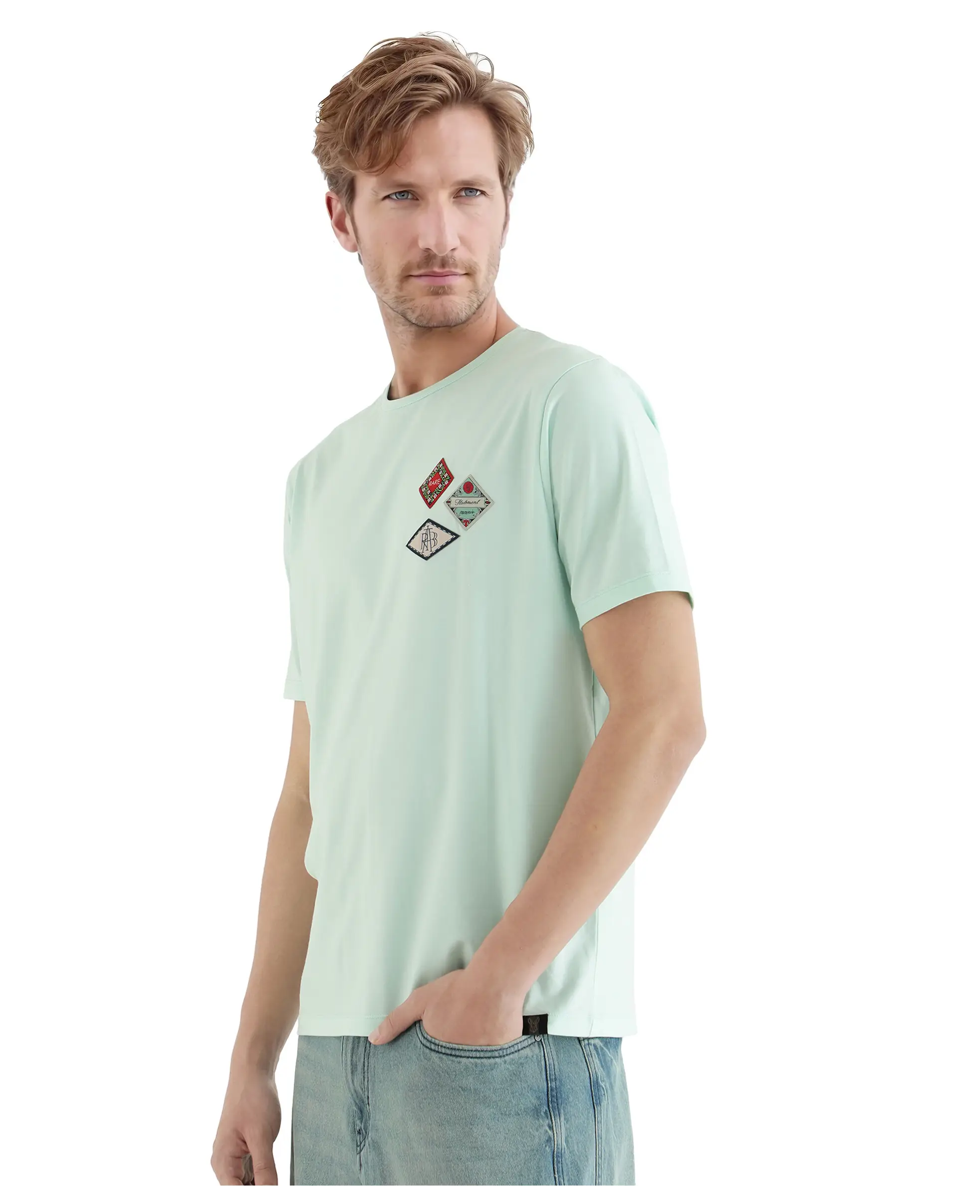 Rare Rabbit Men's Dorl Light Blue Cotton Blend Graphic Print Regular Fit Half Sleeve Crew Neck T-Shirt - Image 6