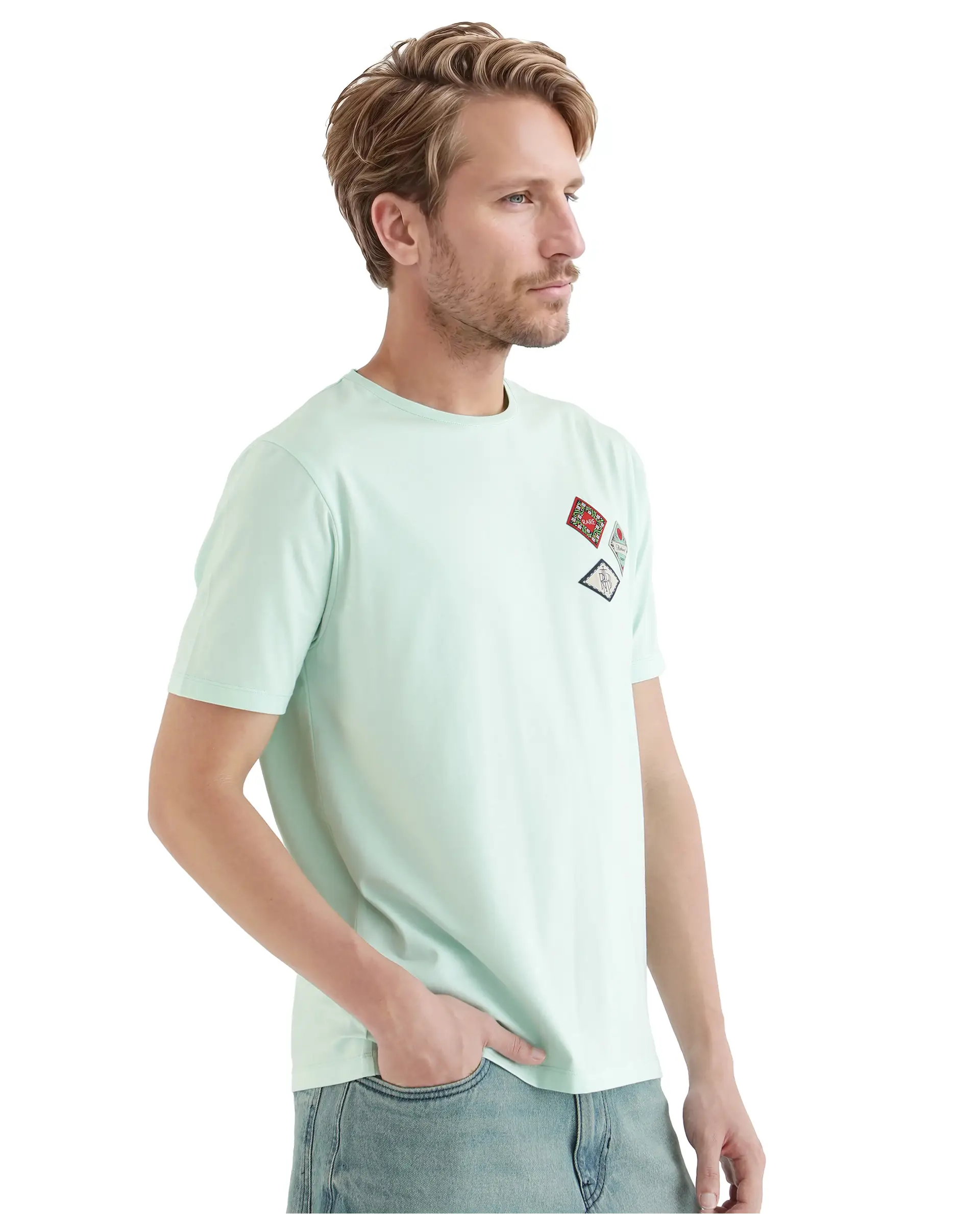 Rare Rabbit Men's Dorl Light Blue Cotton Blend Graphic Print Regular Fit Half Sleeve Crew Neck T-Shirt - Image 7