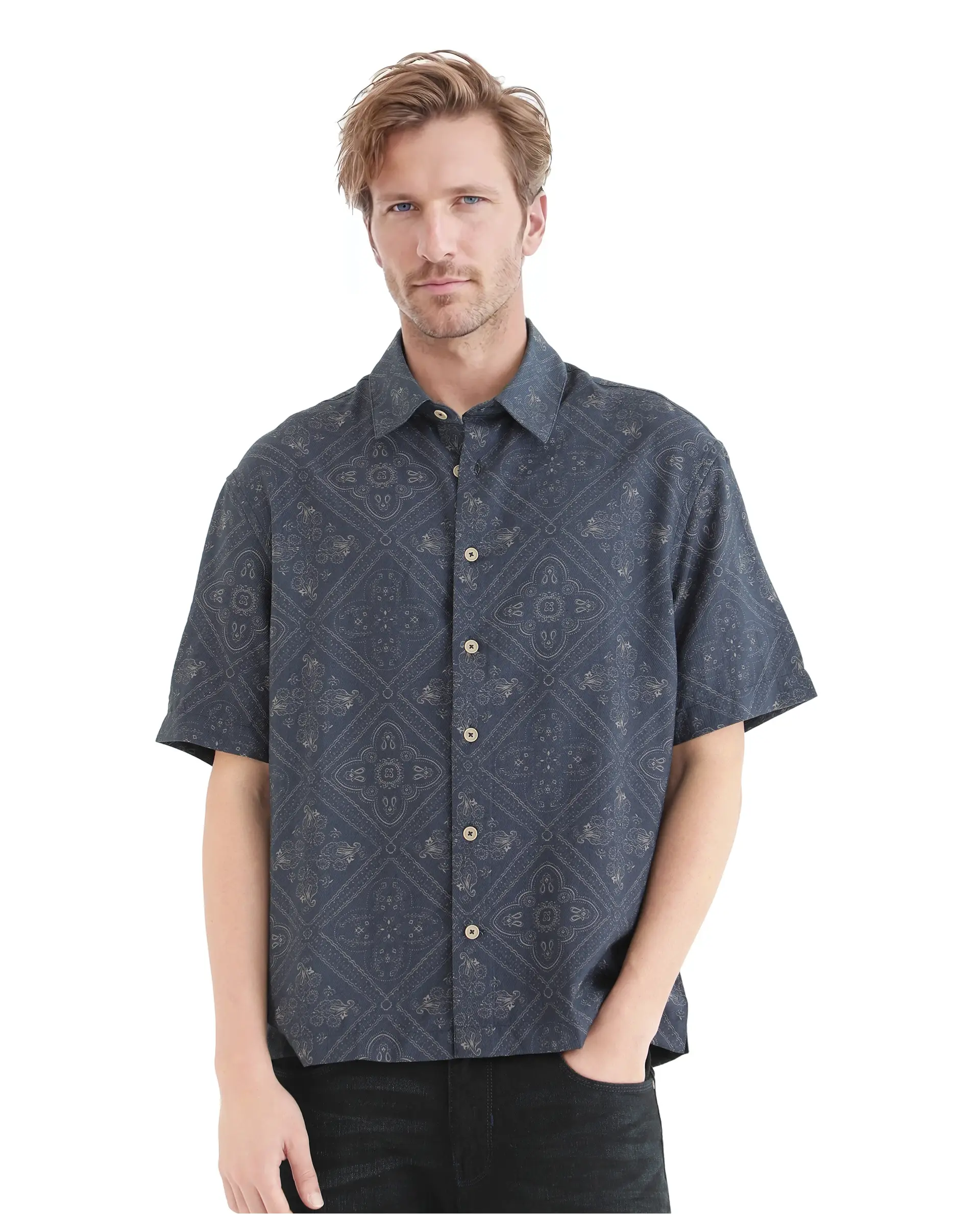 Rare Rabbit Men's Dorm Navy Cotton Blend Geometric Print Regular Fit Half Sleeve Collared Shirt - Image 2