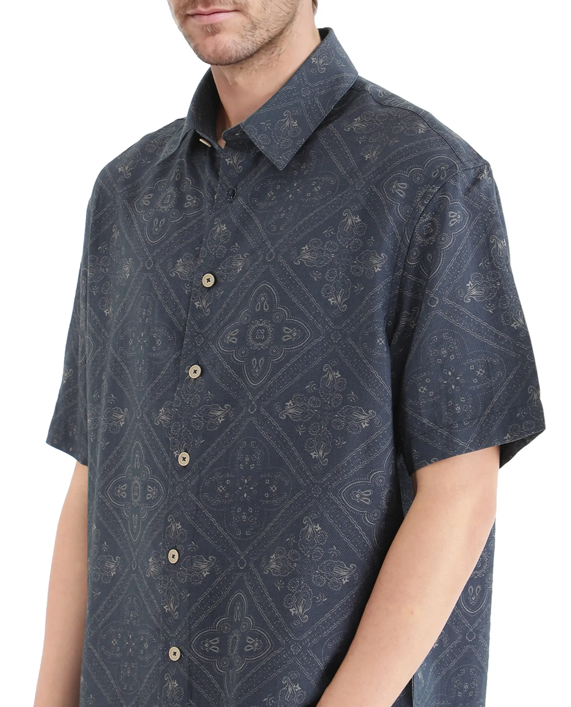 Rare Rabbit Men's Dorm Navy Cotton Blend Geometric Print Regular Fit Half Sleeve Collared Shirt - Image 3