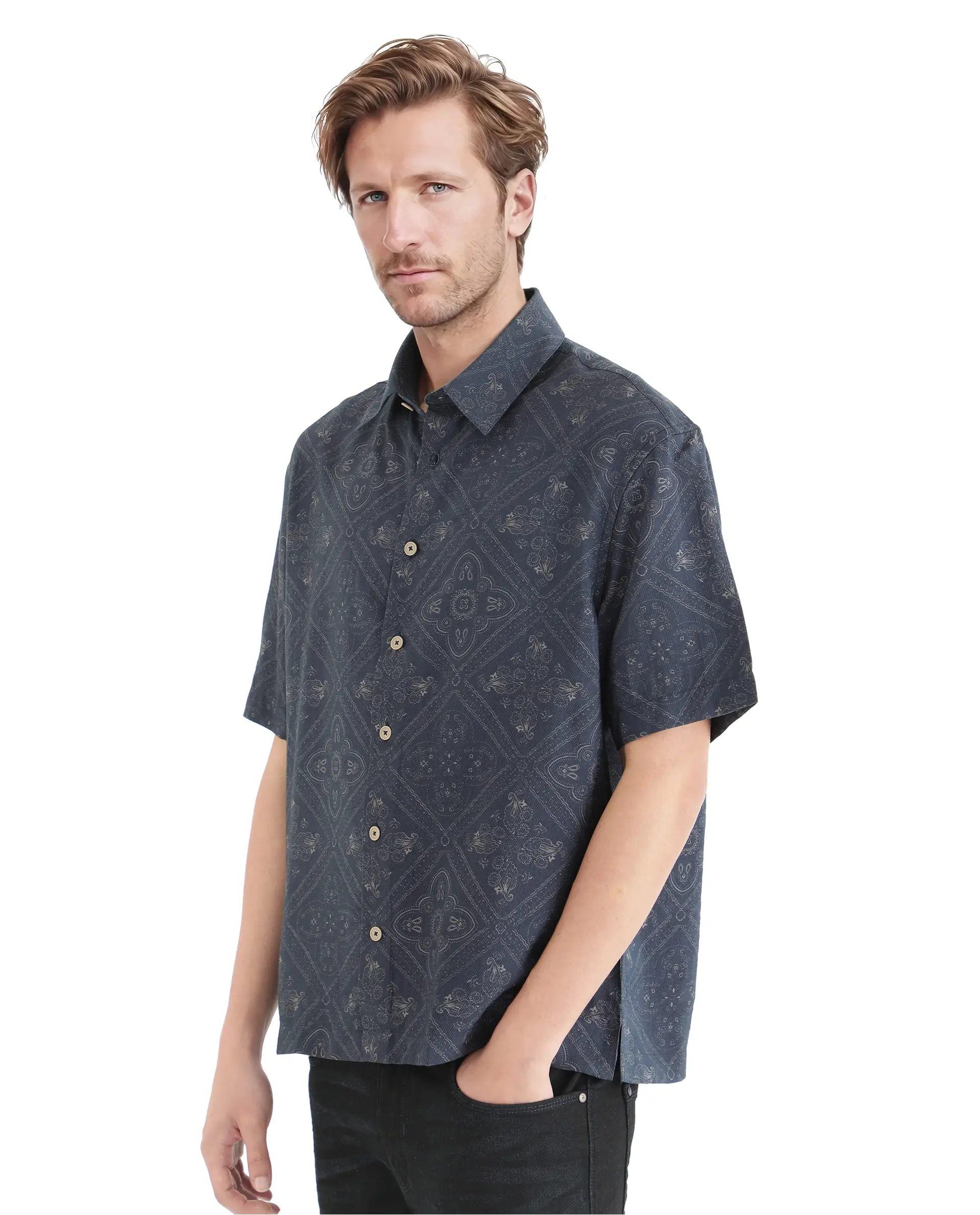 Rare Rabbit Men's Dorm Navy Cotton Blend Geometric Print Regular Fit Half Sleeve Collared Shirt - Image 4