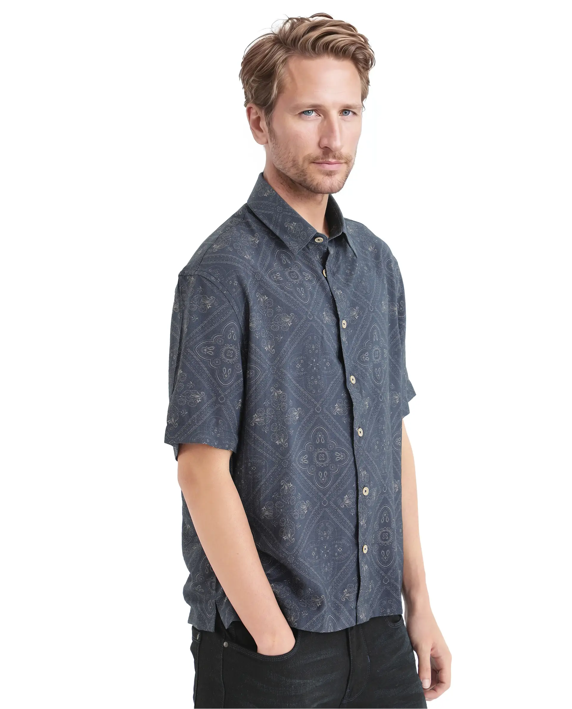 Rare Rabbit Men's Dorm Navy Cotton Blend Geometric Print Regular Fit Half Sleeve Collared Shirt - Image 5