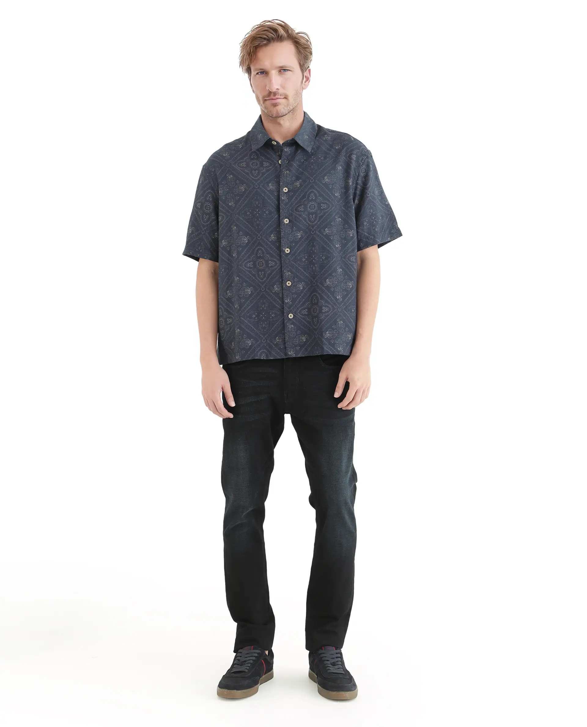 Rare Rabbit Men's Dorm Navy Cotton Blend Geometric Print Regular Fit Half Sleeve Collared Shirt - Image 7