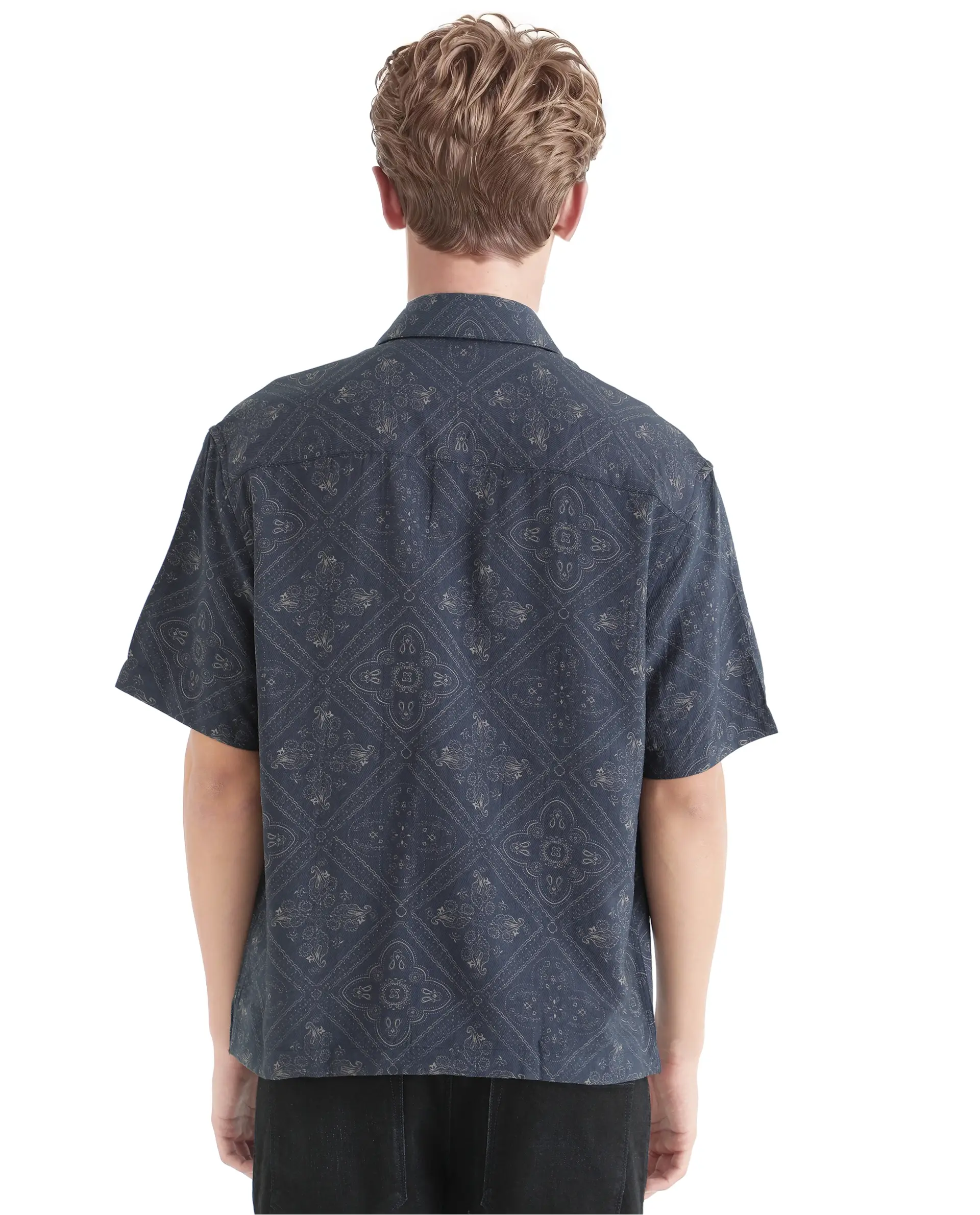 Rare Rabbit Men's Dorm Navy Cotton Blend Geometric Print Regular Fit Half Sleeve Collared Shirt - Image 8