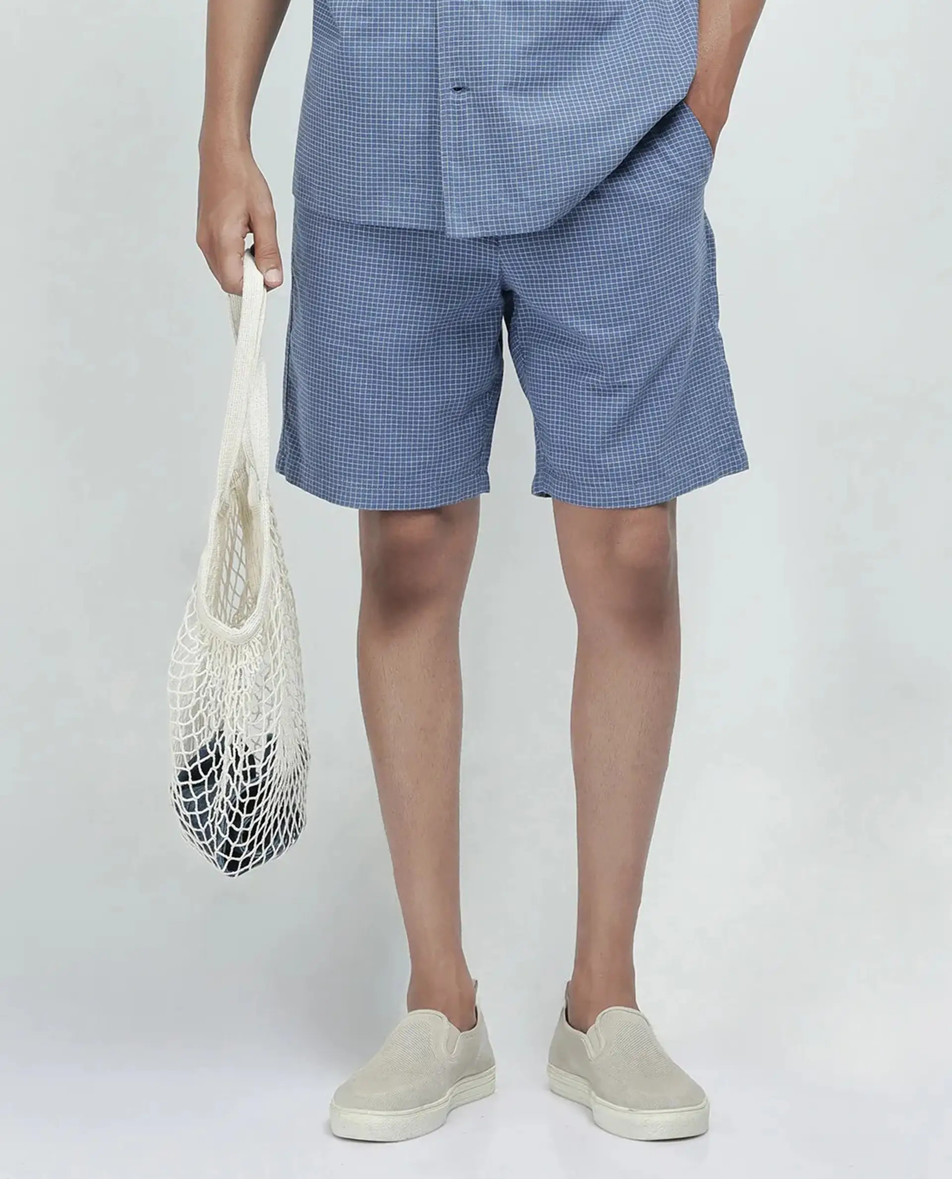Rare Rabbit Men's Dorn Blue Cotton Checked Print Relaxed Fit Shorts - Image 11