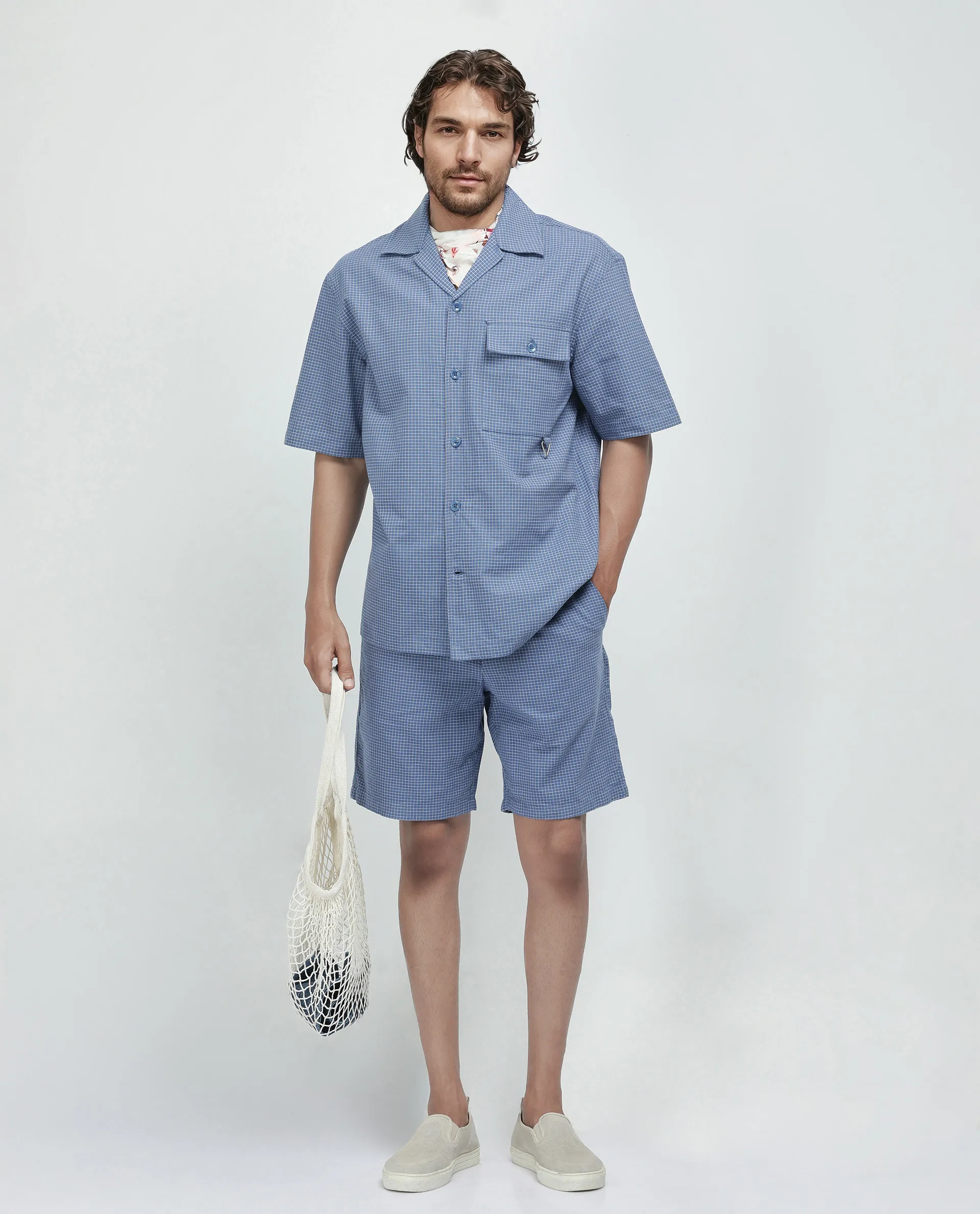 Rare Rabbit Men's Dorn Blue Cotton Checked Print Relaxed Fit Shorts - Image 2
