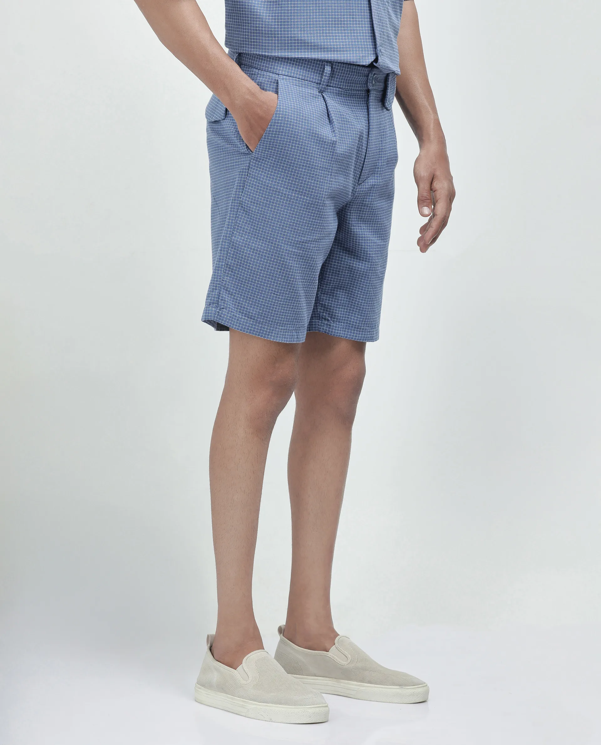 Rare Rabbit Men's Dorn Blue Cotton Checked Print Relaxed Fit Shorts - Image 4