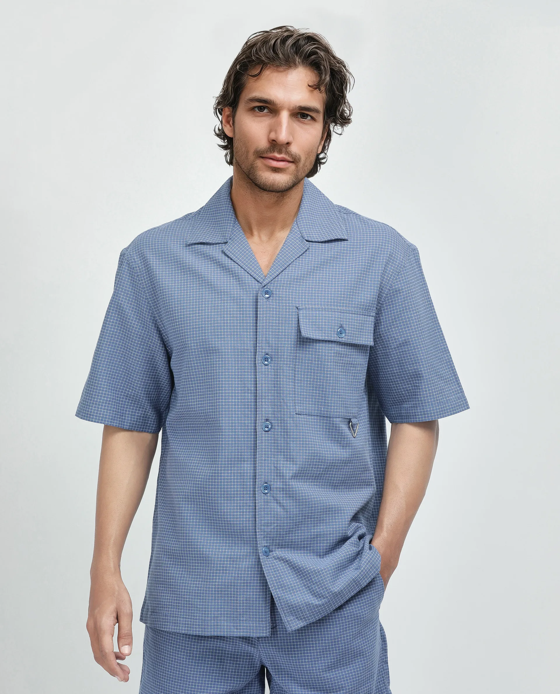 Rare Rabbit Men's Dorn-S Blue Cotton Checked Print Boxy Fit Half Sleeve Cuban Collar Shirt - Image 2