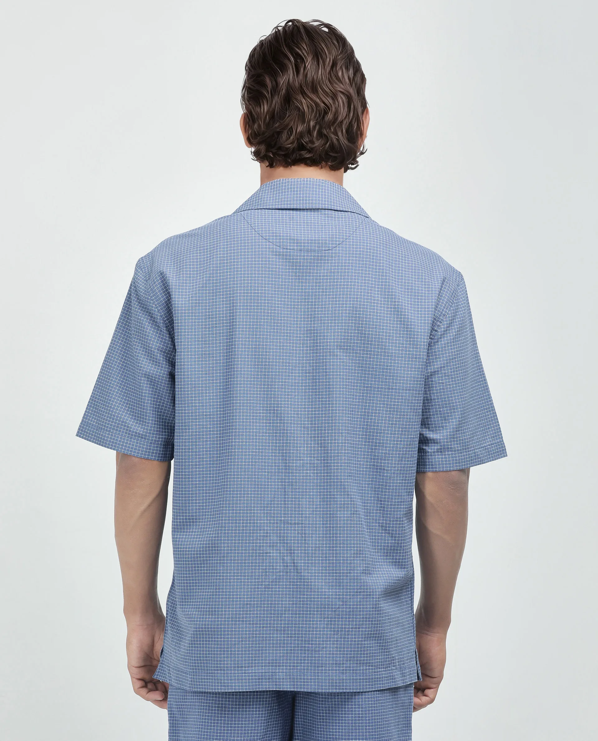 Rare Rabbit Men's Dorn-S Blue Cotton Checked Print Boxy Fit Half Sleeve Cuban Collar Shirt - Image 3