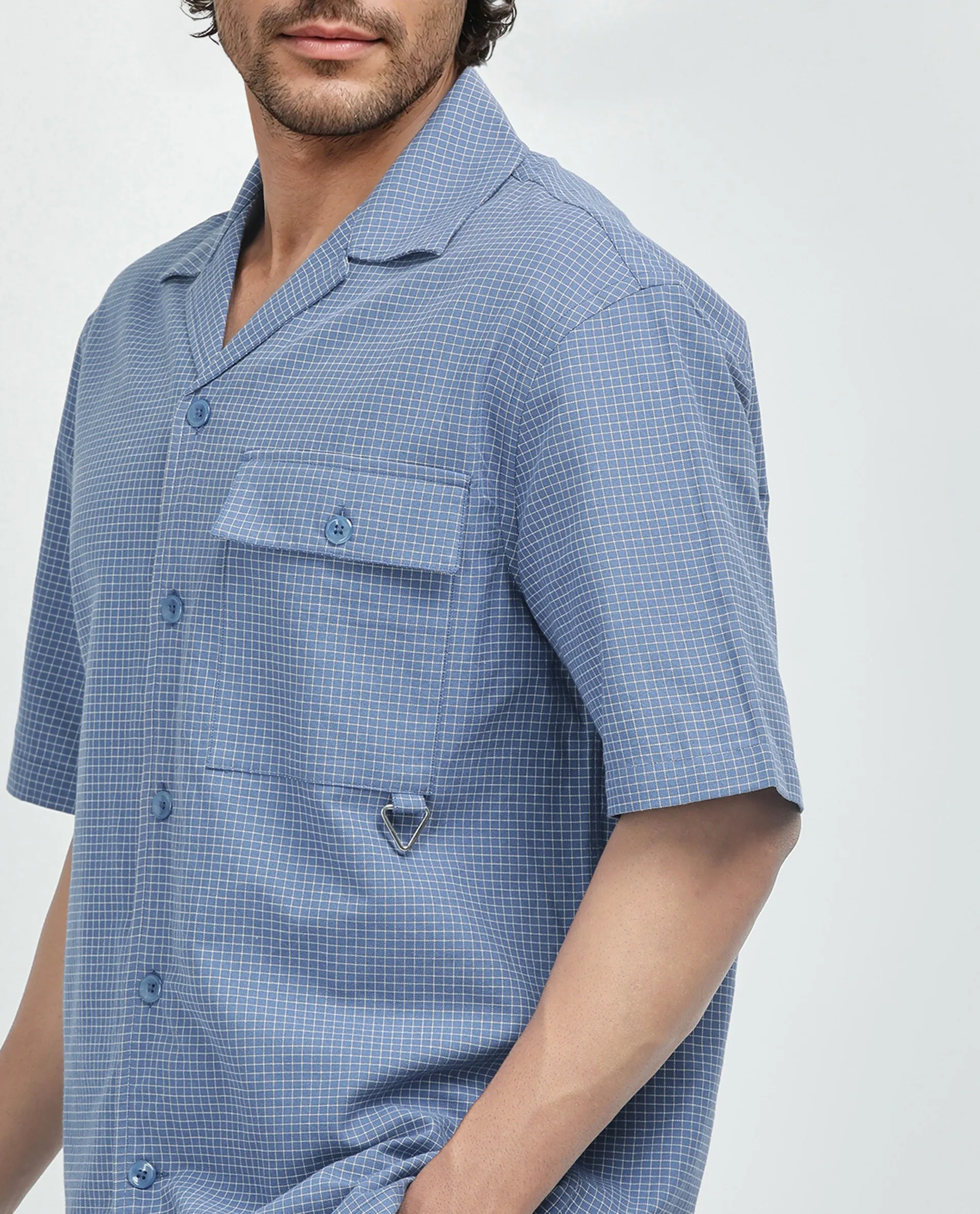 Rare Rabbit Men's Dorn-S Blue Cotton Checked Print Boxy Fit Half Sleeve Cuban Collar Shirt - Image 4