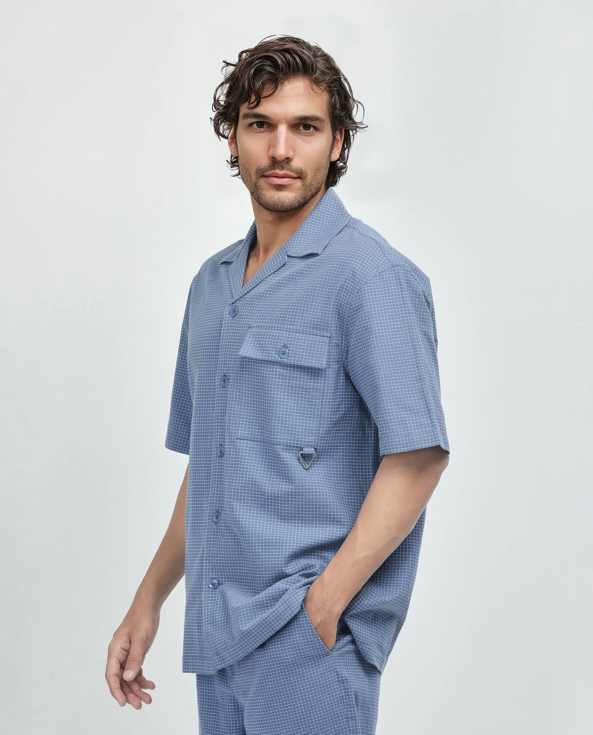 Rare Rabbit Men's Dorn-S Blue Cotton Checked Print Boxy Fit Half Sleeve Cuban Collar Shirt - Image 5