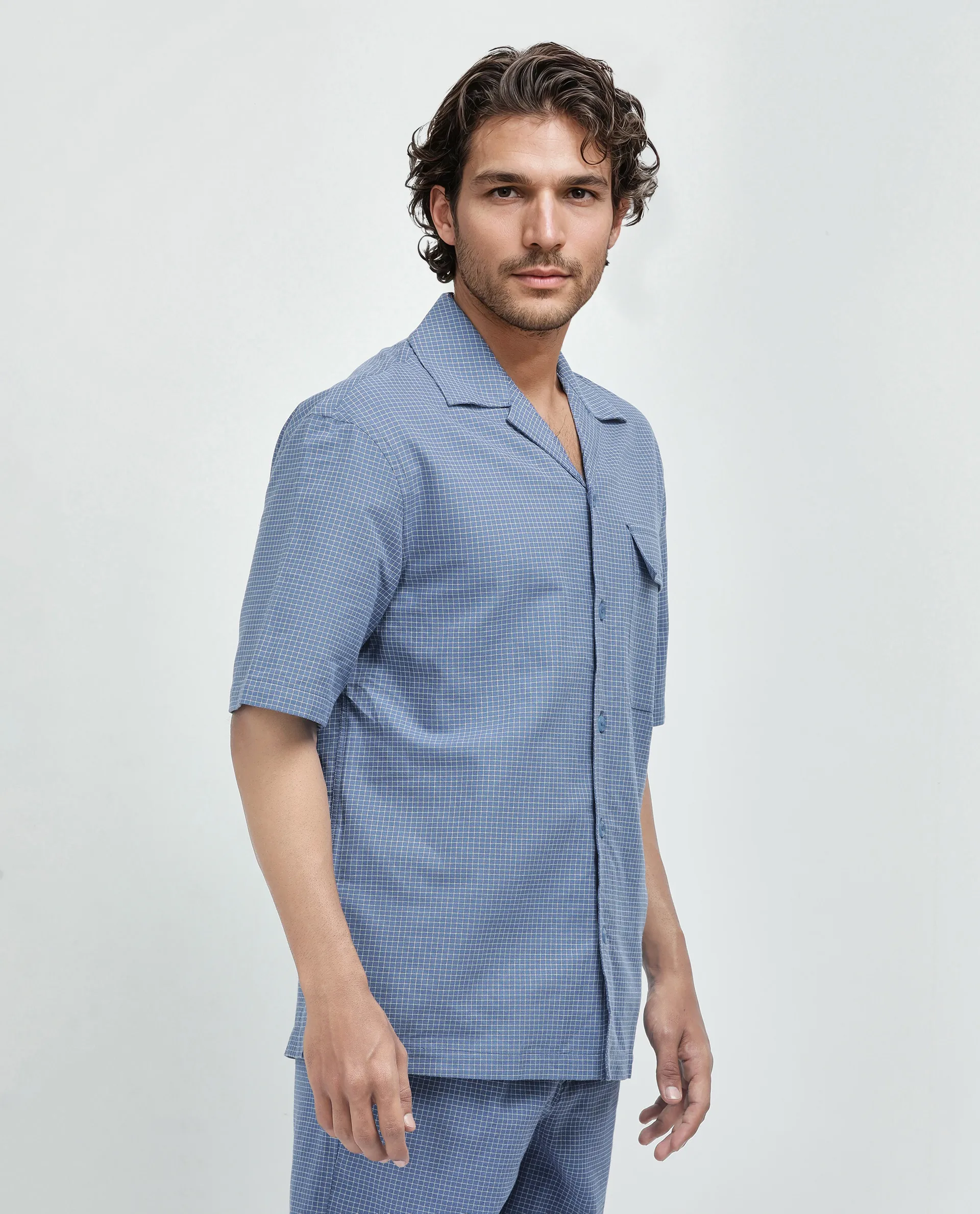 Rare Rabbit Men's Dorn-S Blue Cotton Checked Print Boxy Fit Half Sleeve Cuban Collar Shirt - Image 6