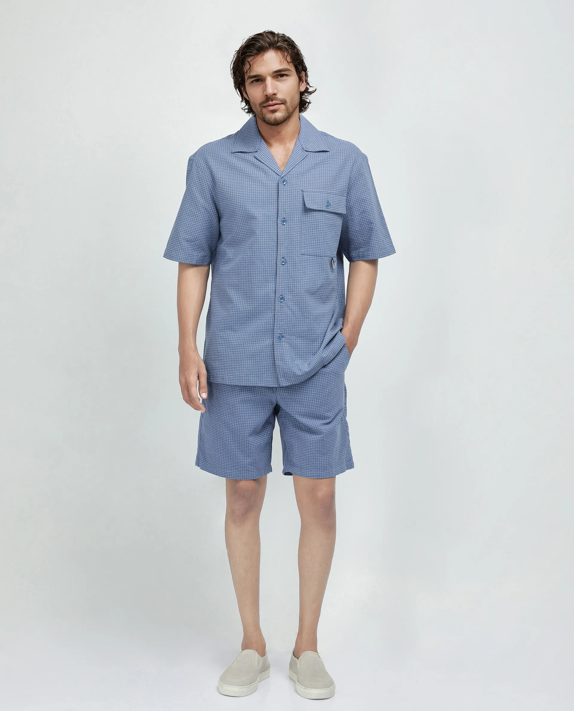 Rare Rabbit Men's Dorn-S Blue Cotton Checked Print Boxy Fit Half Sleeve Cuban Collar Shirt - Image 7