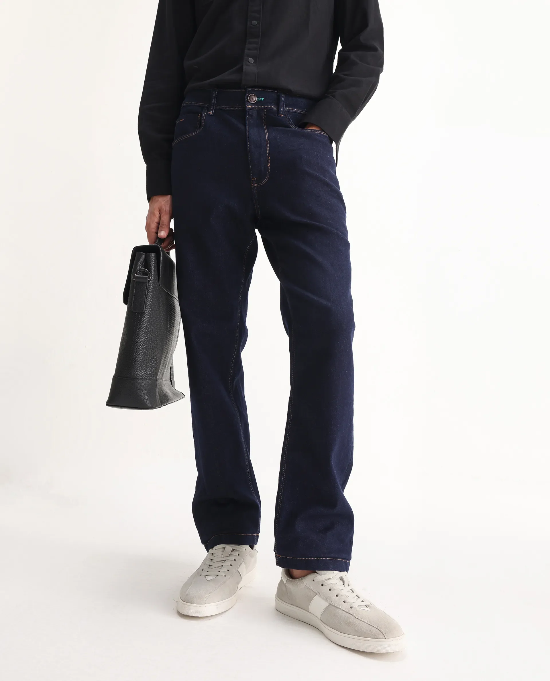 Rare Rabbit Men's Doros Navy Cotton Blend Plain Morris Regular Fit Jeans - Image 2