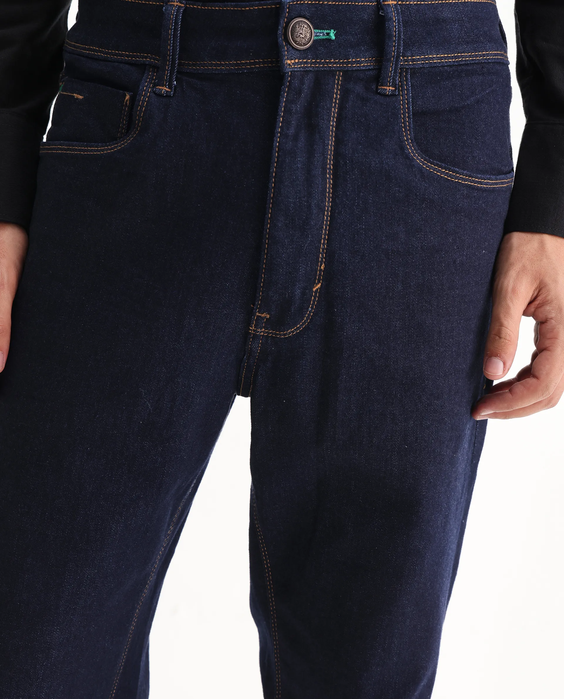 Rare Rabbit Men's Doros Navy Cotton Blend Plain Morris Regular Fit Jeans - Image 3