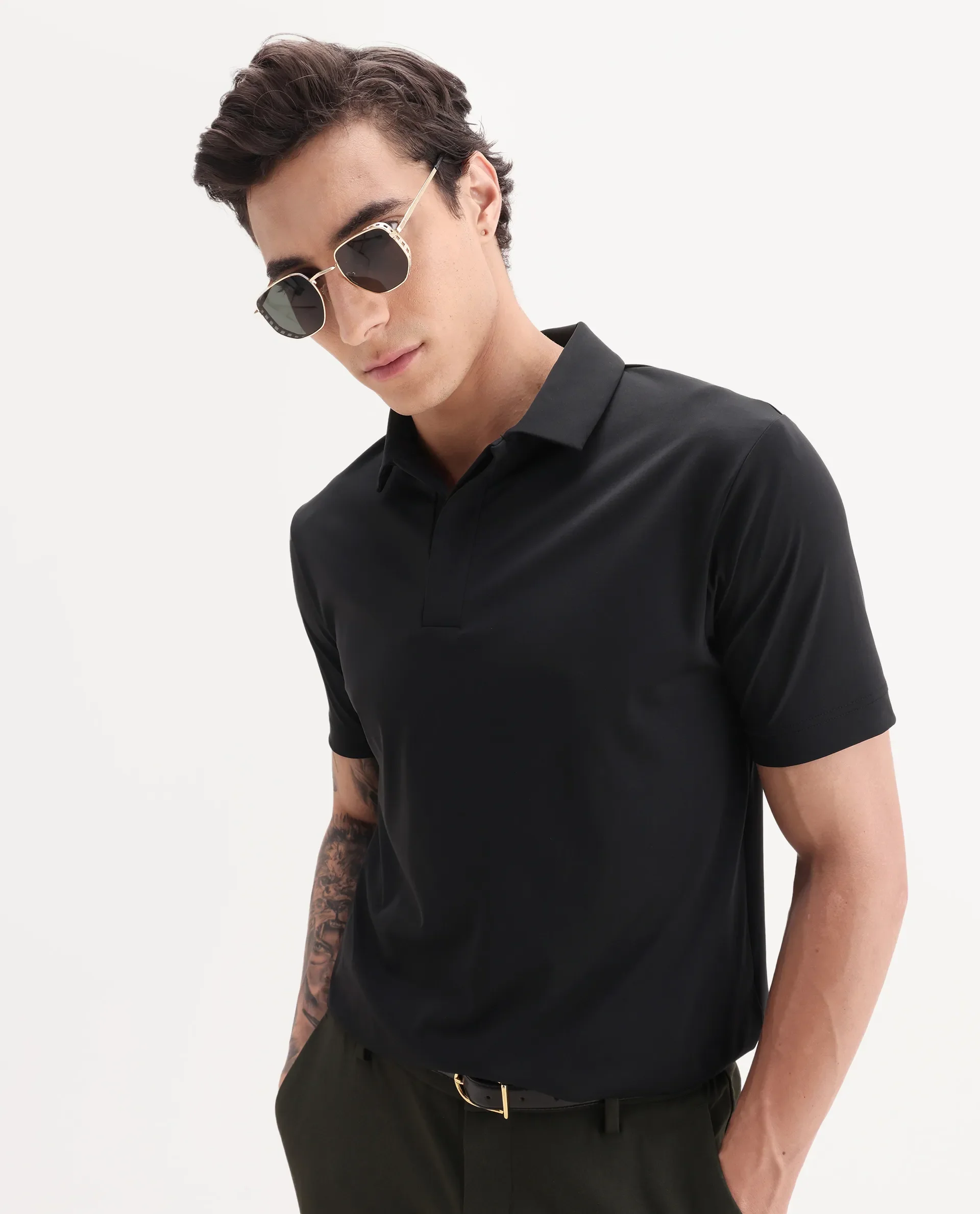 Rare Rabbit Men's Dort Black Nylon Blend Fabric Half Sleeve Spread Collar Plain Polo