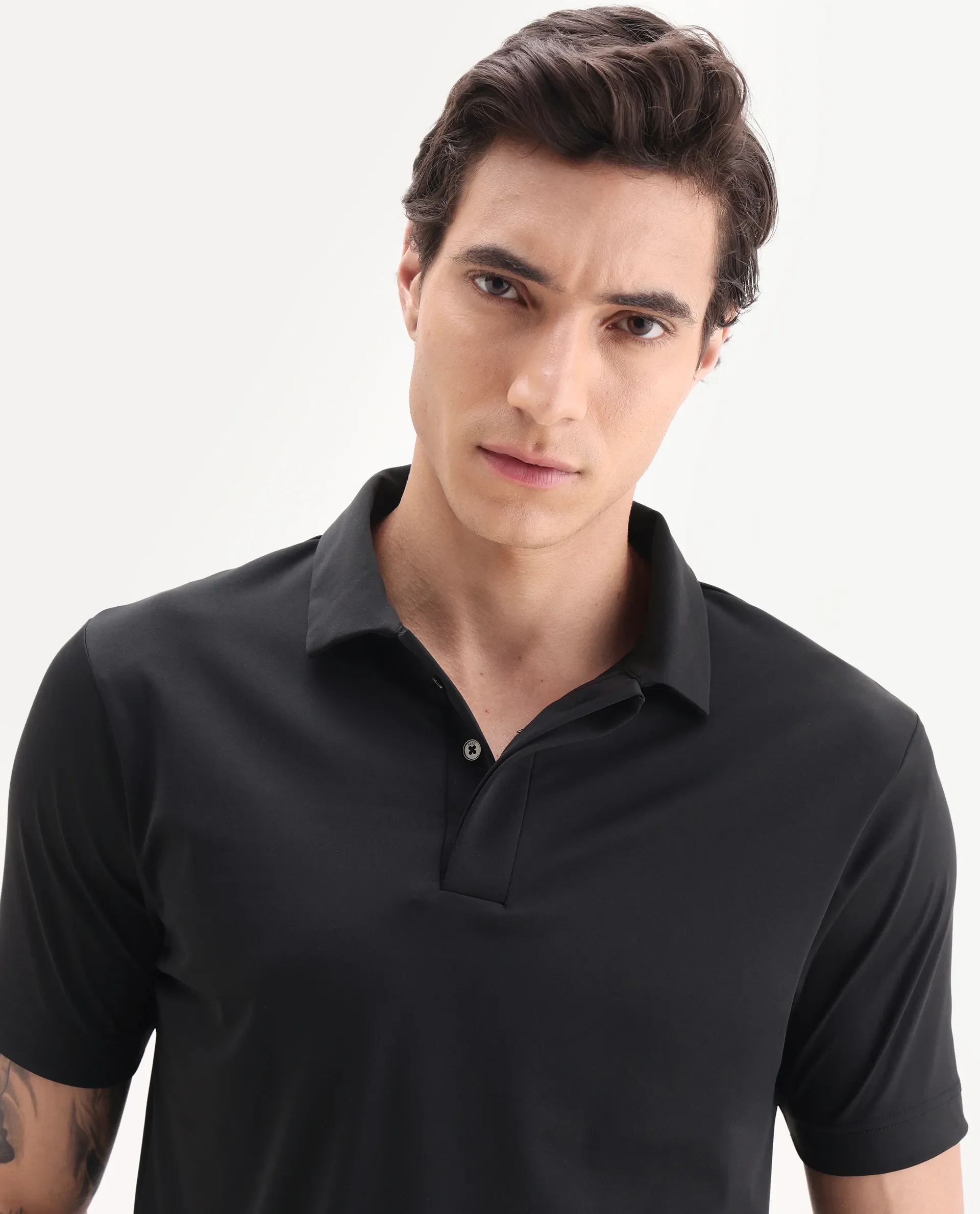 Rare Rabbit Men's Dort Black Nylon Blend Fabric Half Sleeve Spread Collar Plain Polo - Image 3