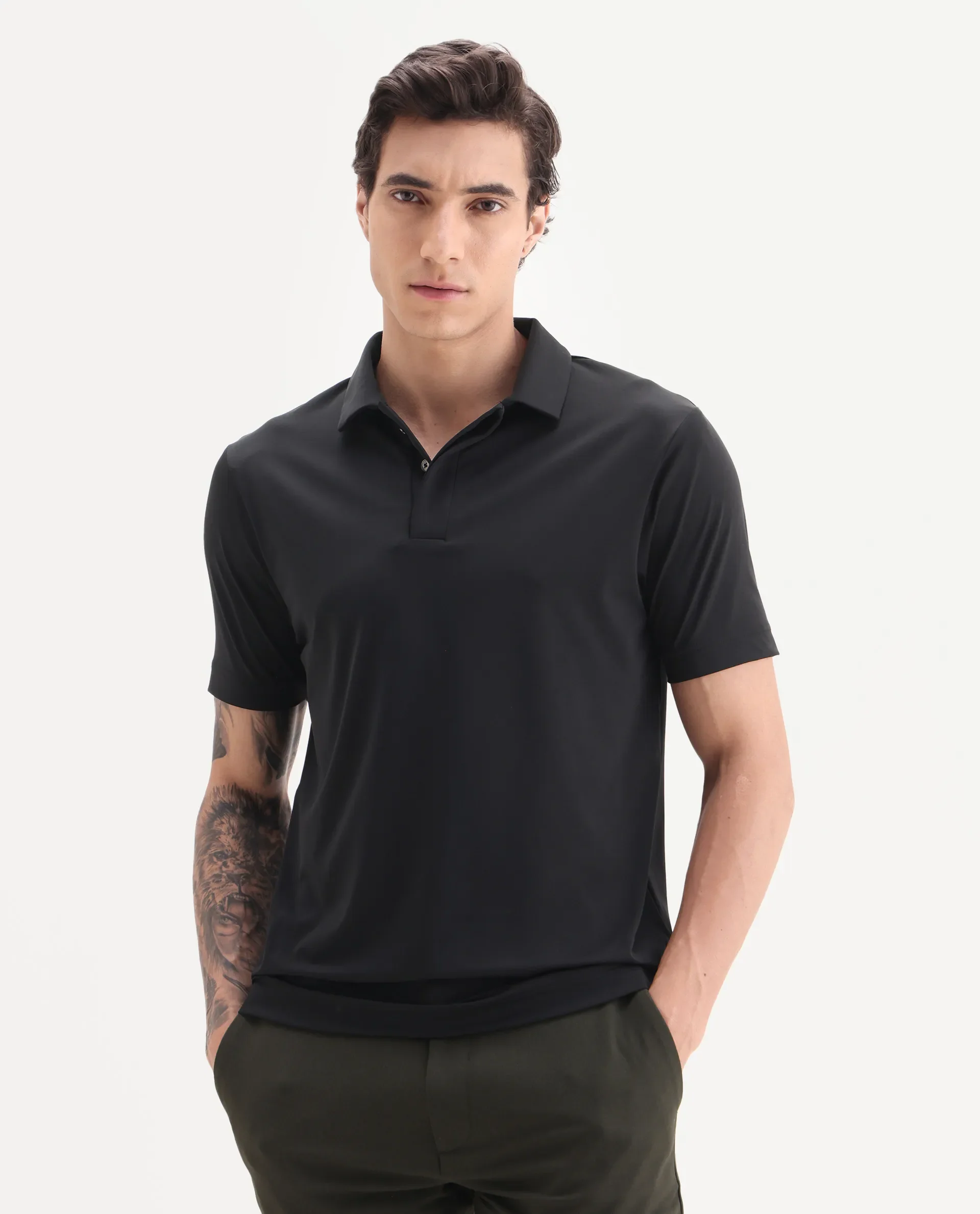 Rare Rabbit Men's Dort Black Nylon Blend Fabric Half Sleeve Spread Collar Plain Polo - Image 4