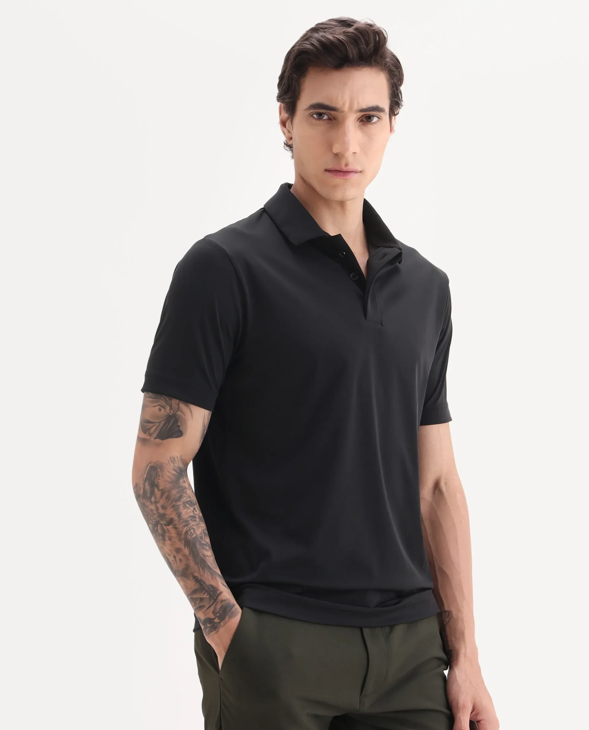 Rare Rabbit Men's Dort Black Nylon Blend Fabric Half Sleeve Spread Collar Plain Polo - Image 5