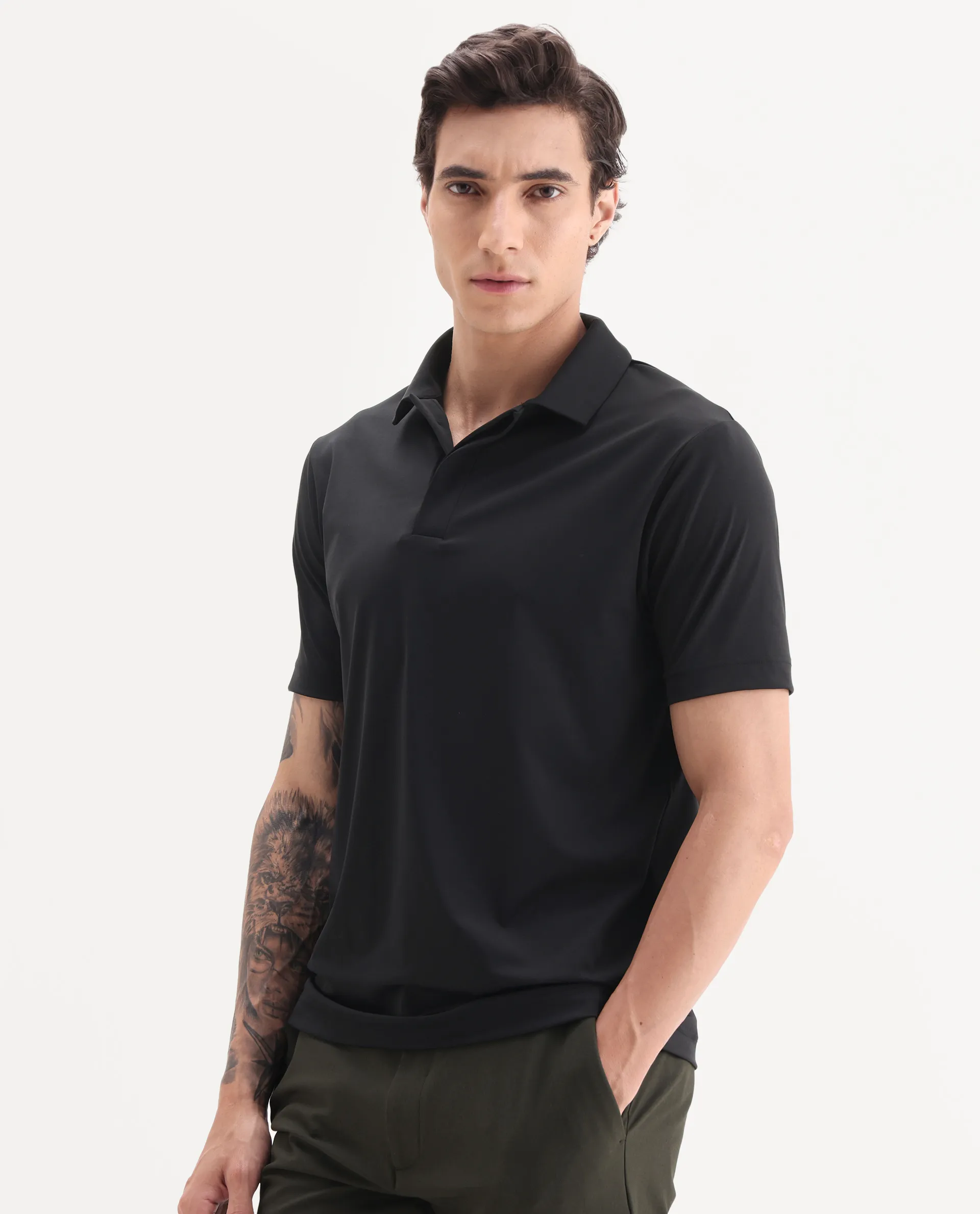 Rare Rabbit Men's Dort Black Nylon Blend Fabric Half Sleeve Spread Collar Plain Polo - Image 6