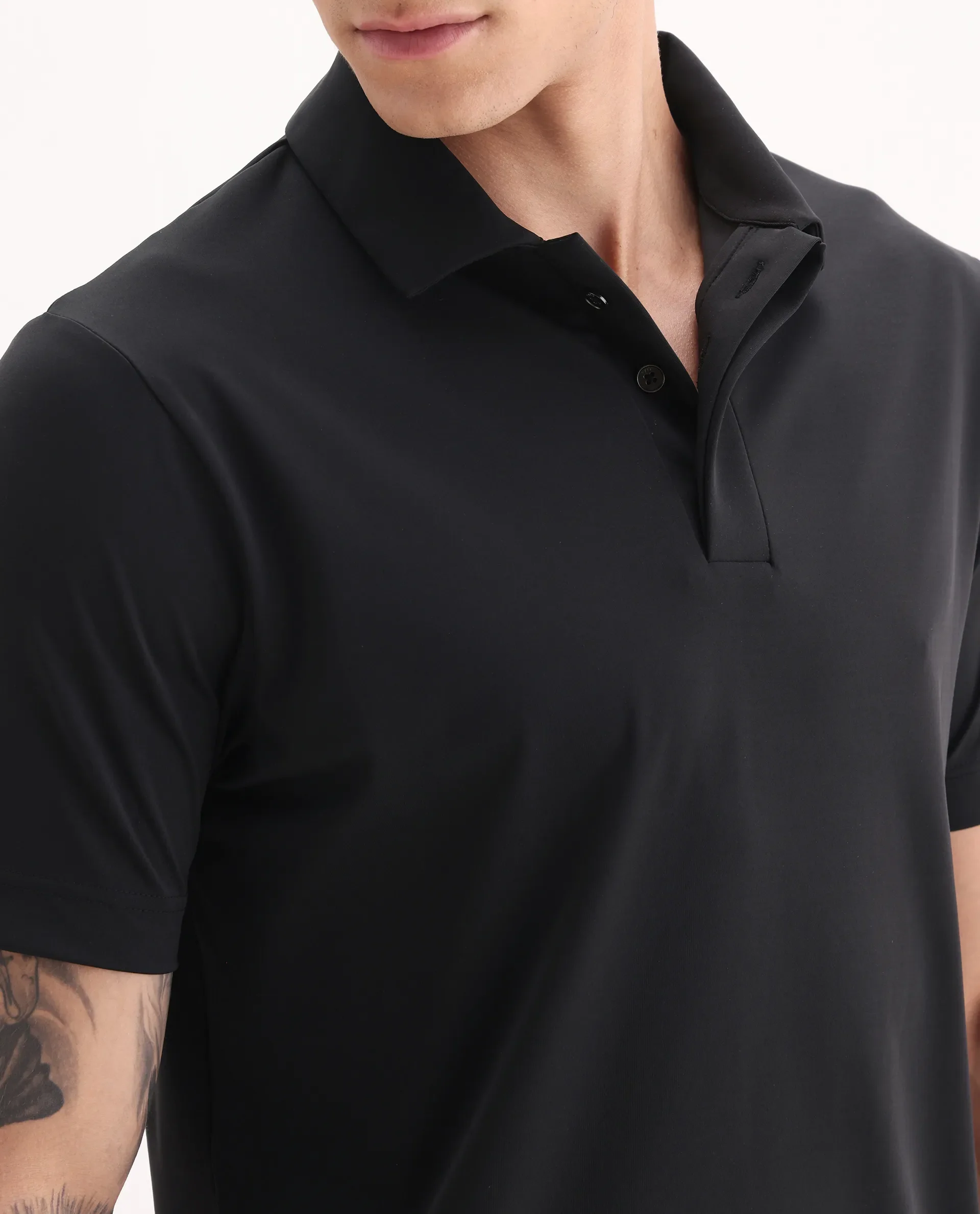 Rare Rabbit Men's Dort Black Nylon Blend Fabric Half Sleeve Spread Collar Plain Polo - Image 7