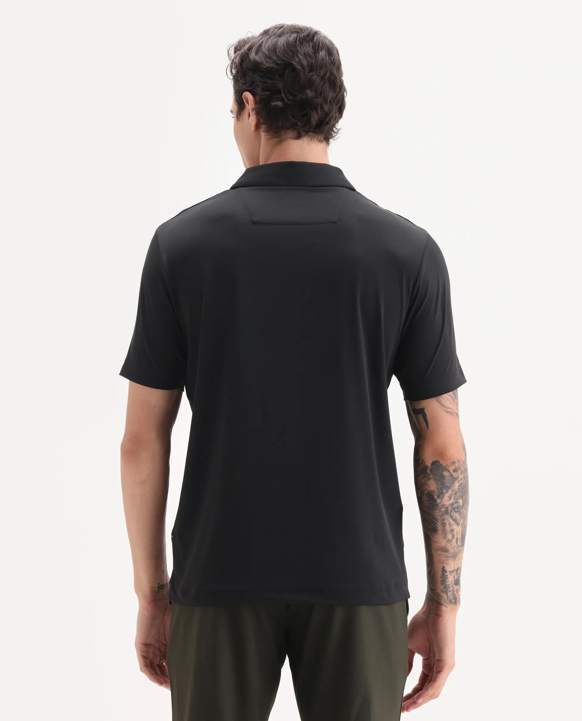 Rare Rabbit Men's Dort Black Nylon Blend Fabric Half Sleeve Spread Collar Plain Polo - Image 8