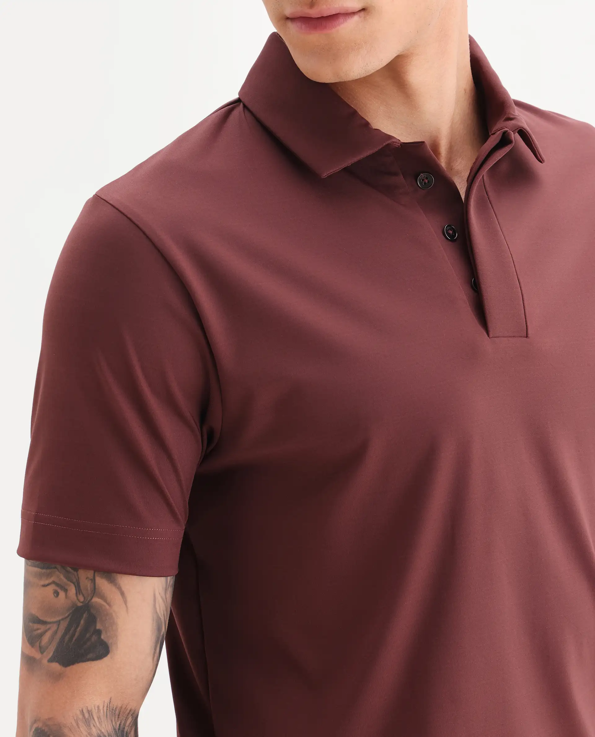 Rare Rabbit Men's Dort Dark Brown Nylon Blend Fabric Half Sleeve Spread Collar Plain Polo - Image 3