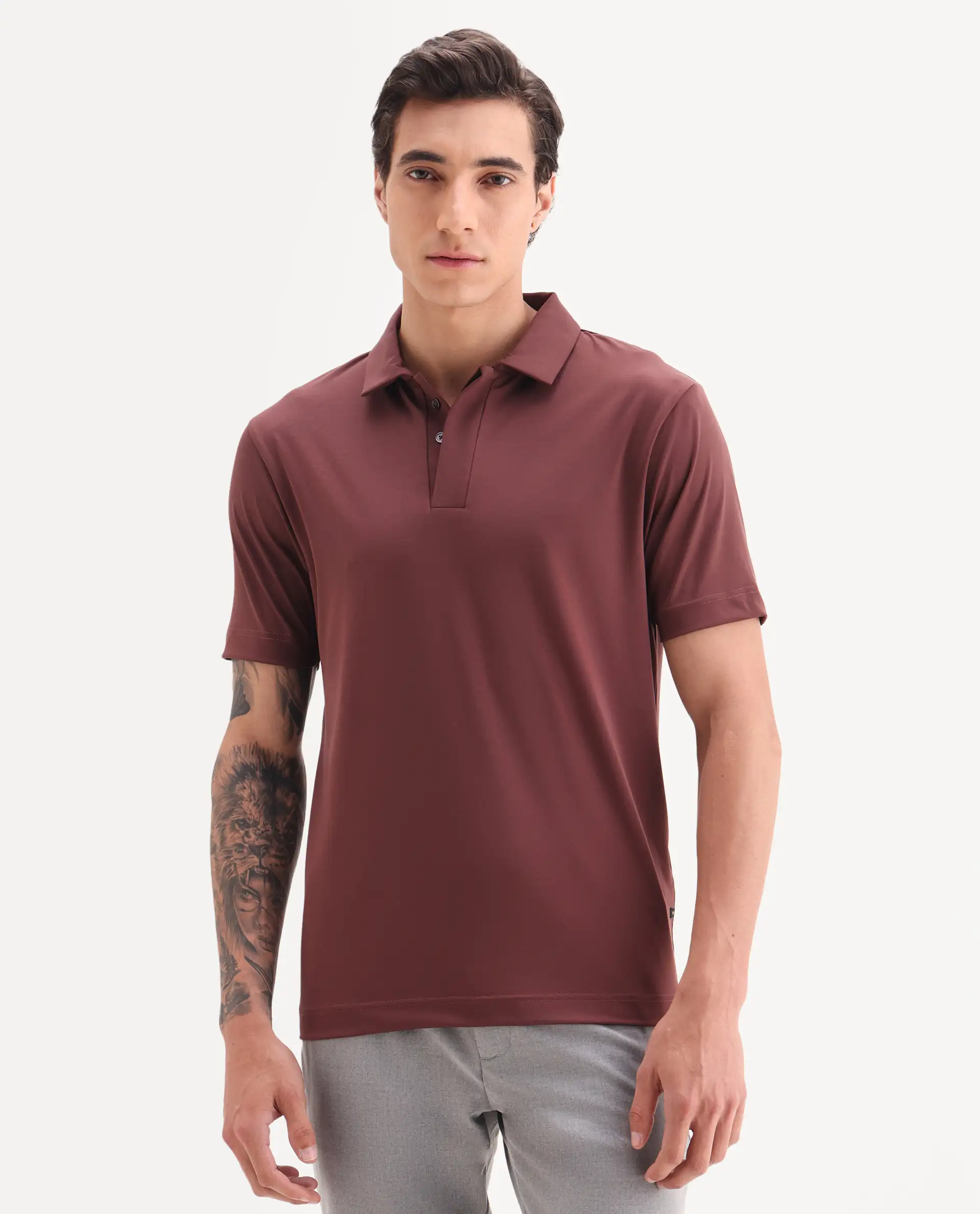 Rare Rabbit Men's Dort Dark Brown Nylon Blend Fabric Half Sleeve Spread Collar Plain Polo - Image 4