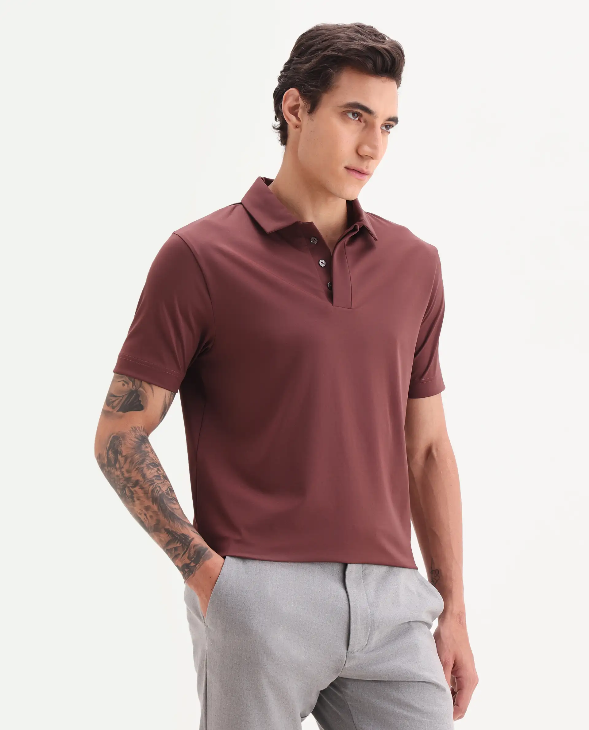 Rare Rabbit Men's Dort Dark Brown Nylon Blend Fabric Half Sleeve Spread Collar Plain Polo - Image 5