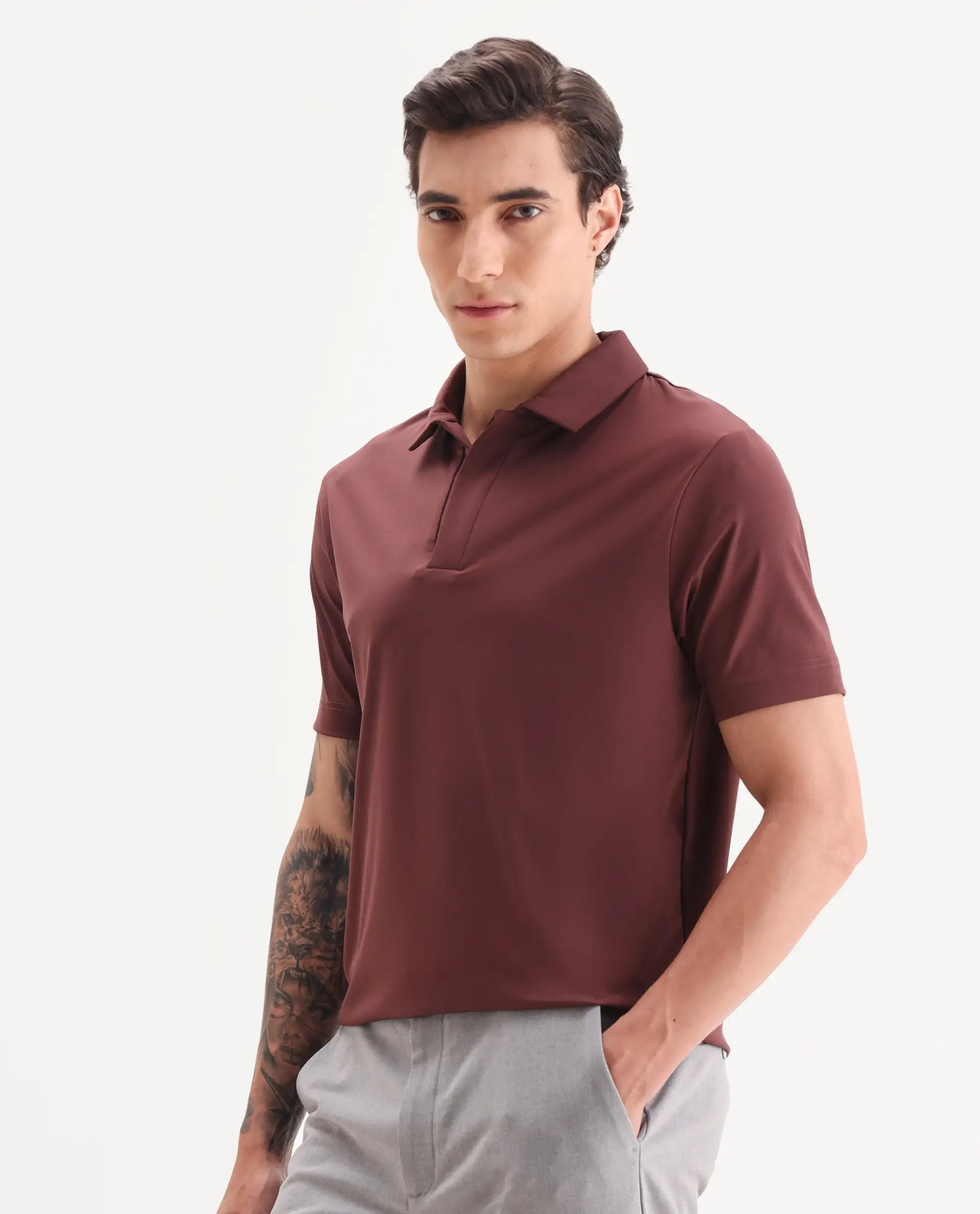 Rare Rabbit Men's Dort Dark Brown Nylon Blend Fabric Half Sleeve Spread Collar Plain Polo - Image 6