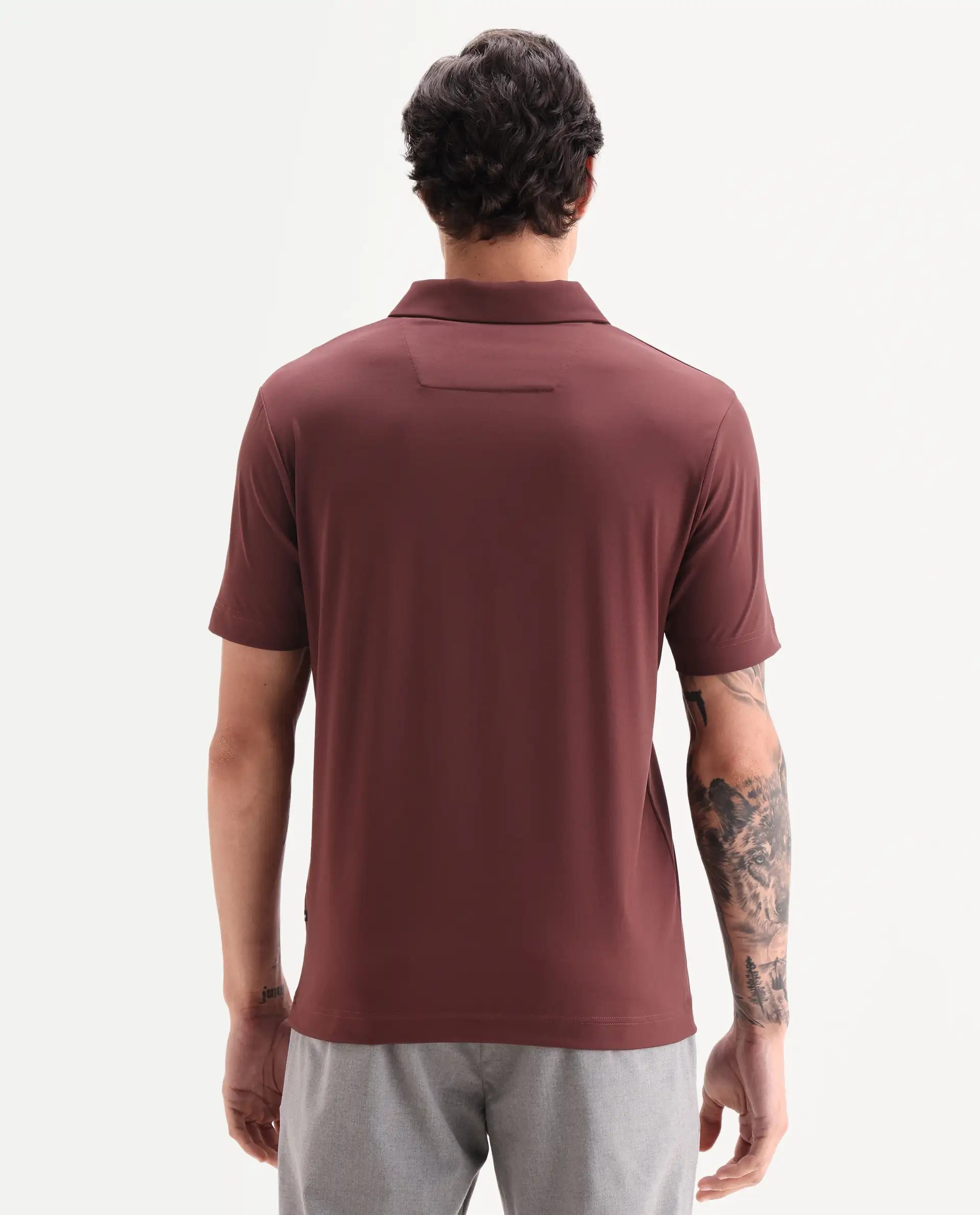 Rare Rabbit Men's Dort Dark Brown Nylon Blend Fabric Half Sleeve Spread Collar Plain Polo - Image 7
