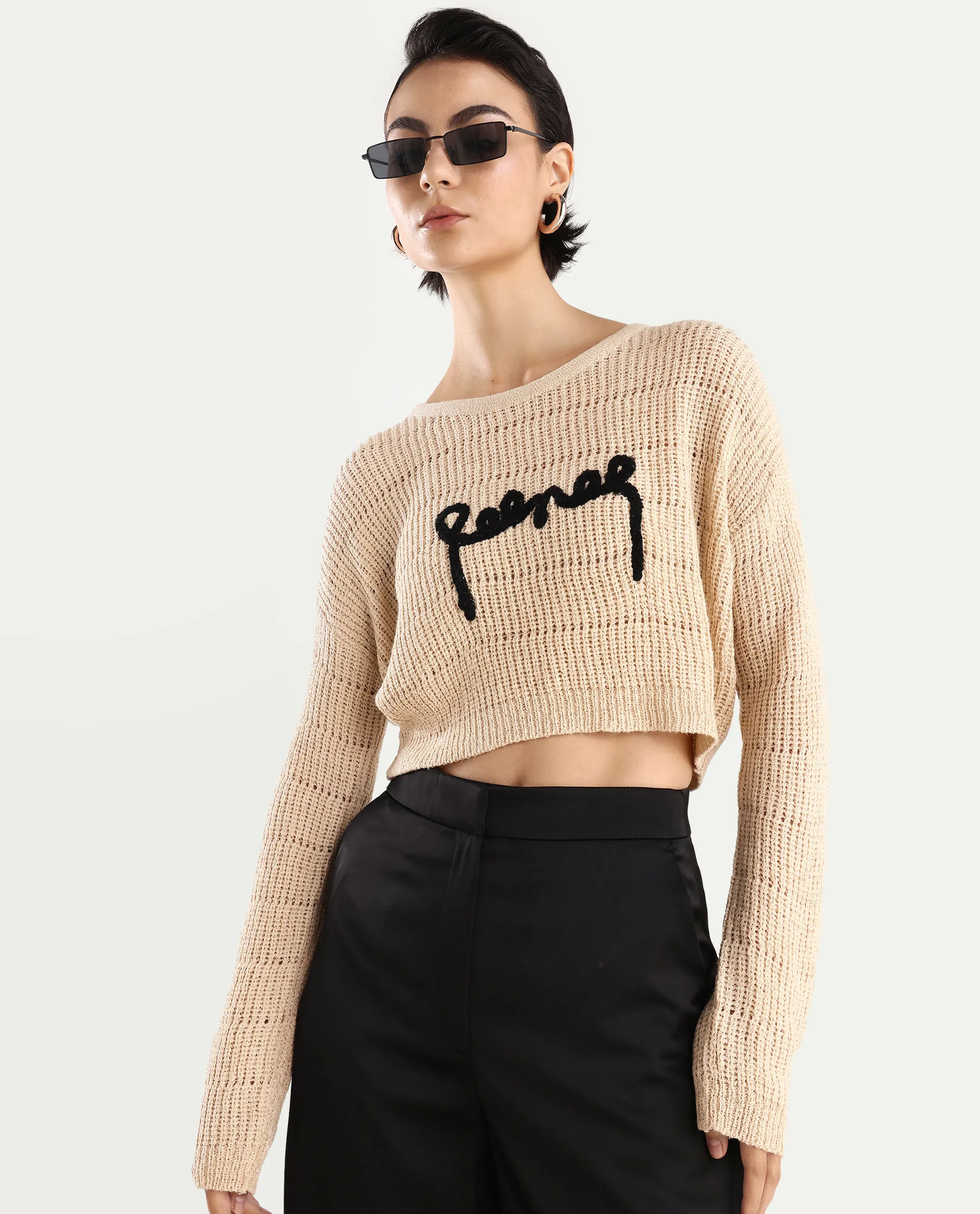 Rareism Women's Dorthi Off White Acrylic Boat Neck Plain Crop Relaxed Fit Top