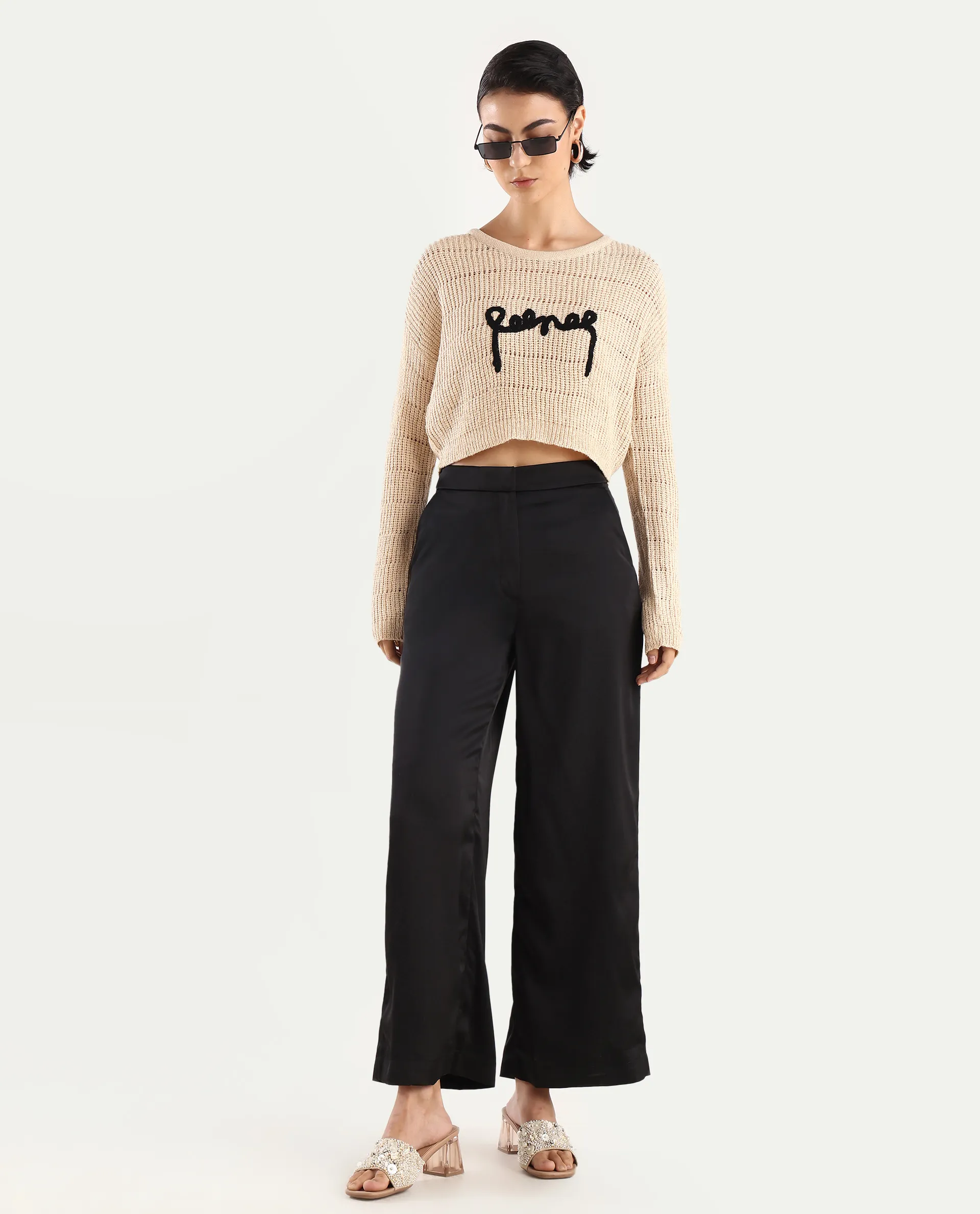 Rareism Women's Dorthi Off White Acrylic Boat Neck Plain Crop Relaxed Fit Top - Image 2