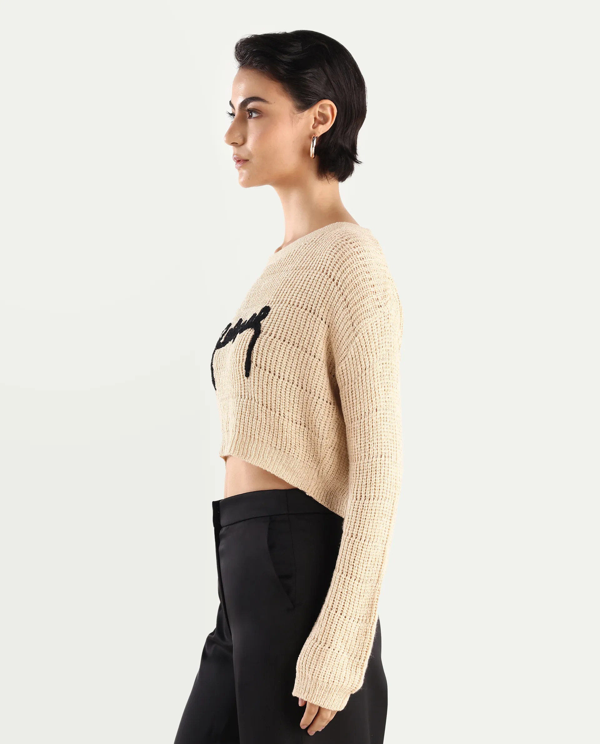 Rareism Women's Dorthi Off White Acrylic Boat Neck Plain Crop Relaxed Fit Top - Image 5