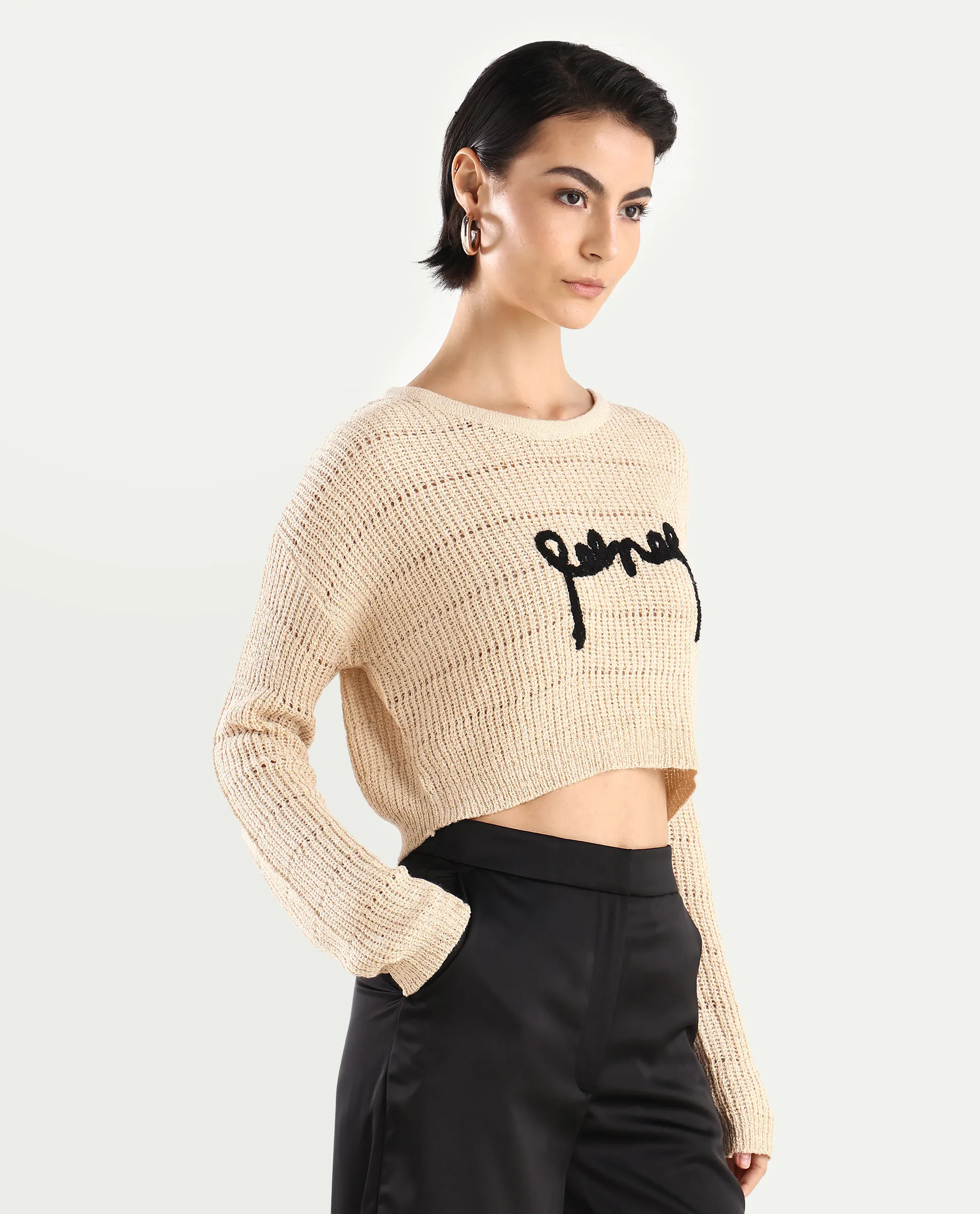 Rareism Women's Dorthi Off White Acrylic Boat Neck Plain Crop Relaxed Fit Top - Image 6
