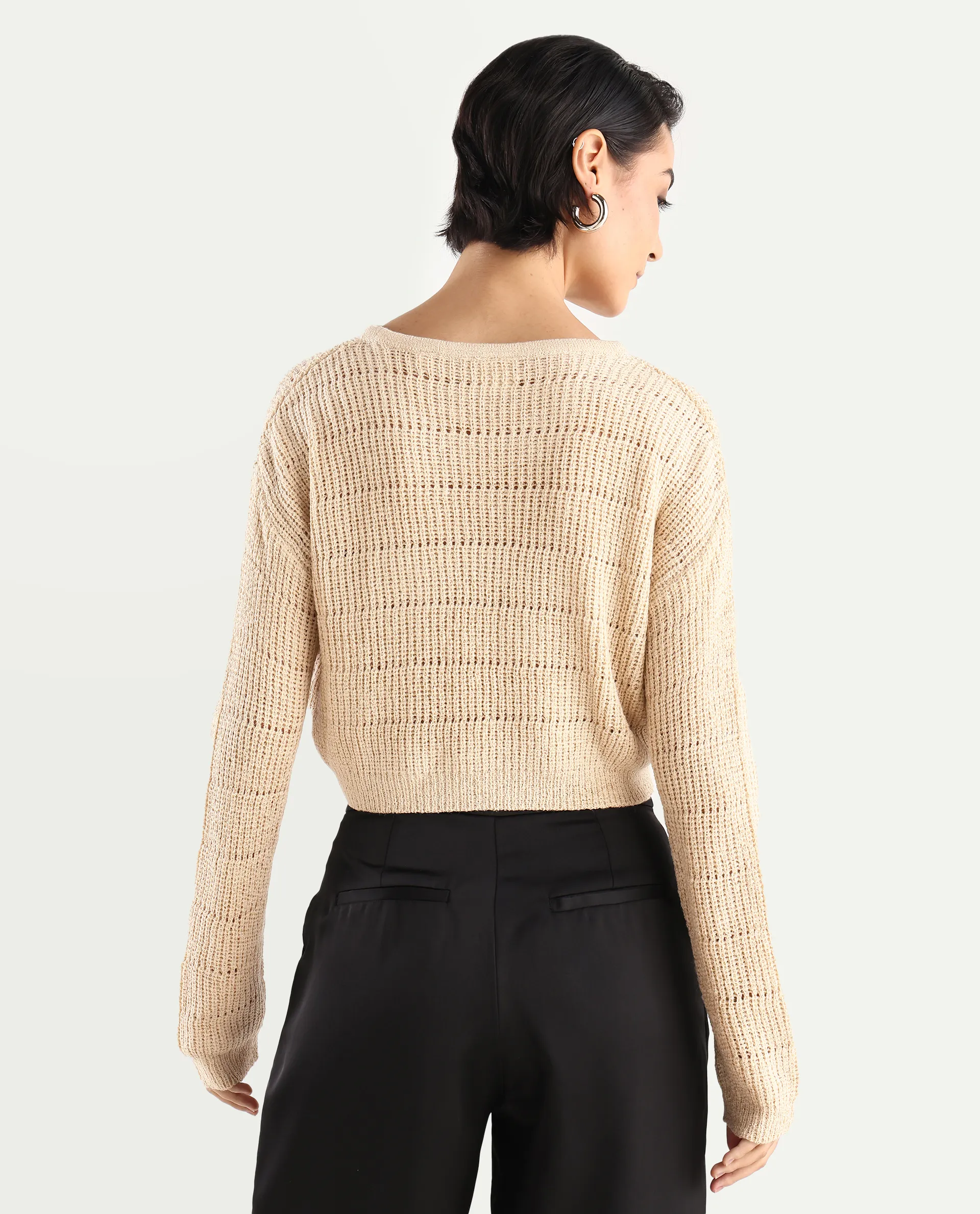 Rareism Women's Dorthi Off White Acrylic Boat Neck Plain Crop Relaxed Fit Top - Image 7