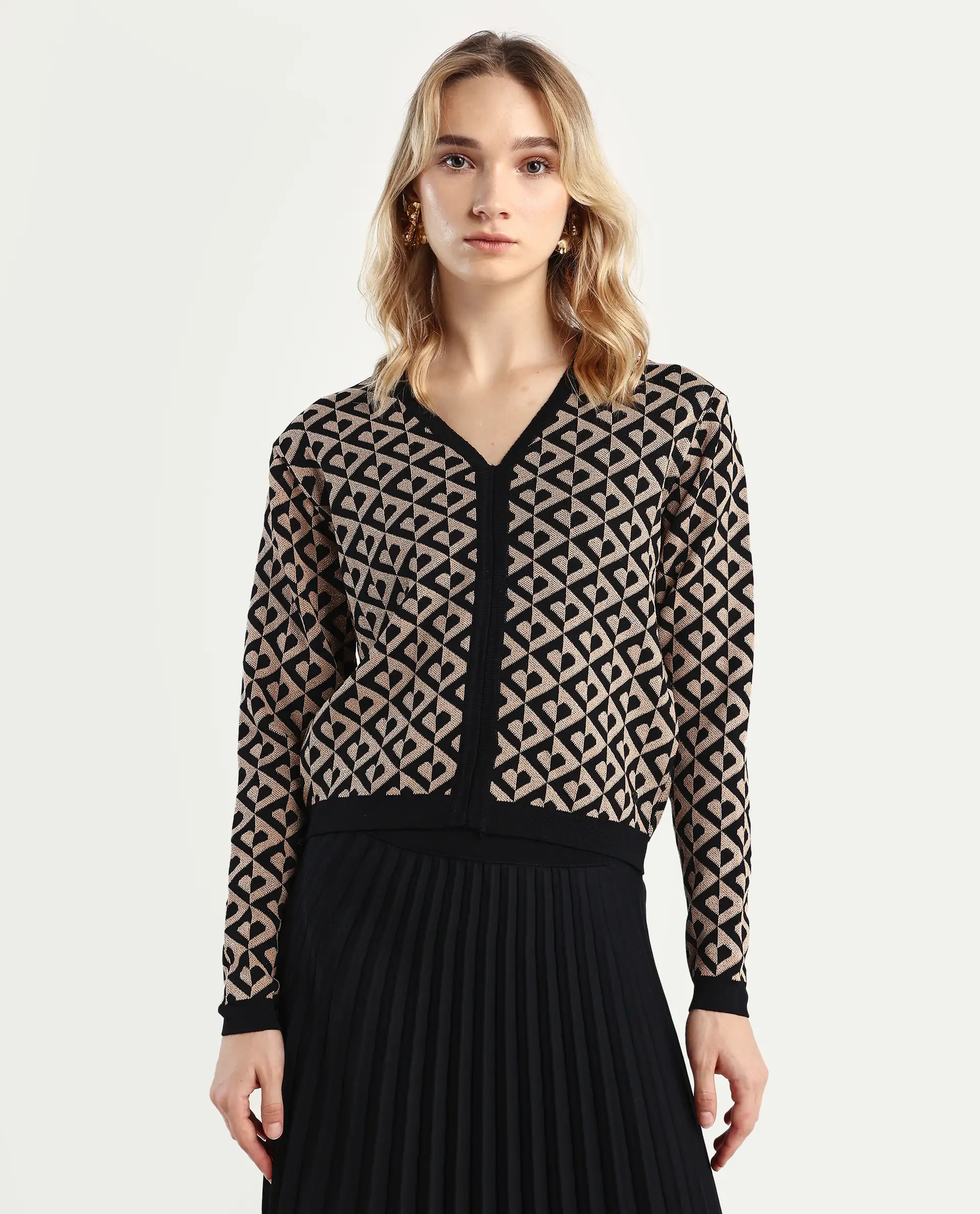 Rareism Women's Dortyol Black Viscose V-Neck Geometric Print Regular Fit Sweater - Image 3