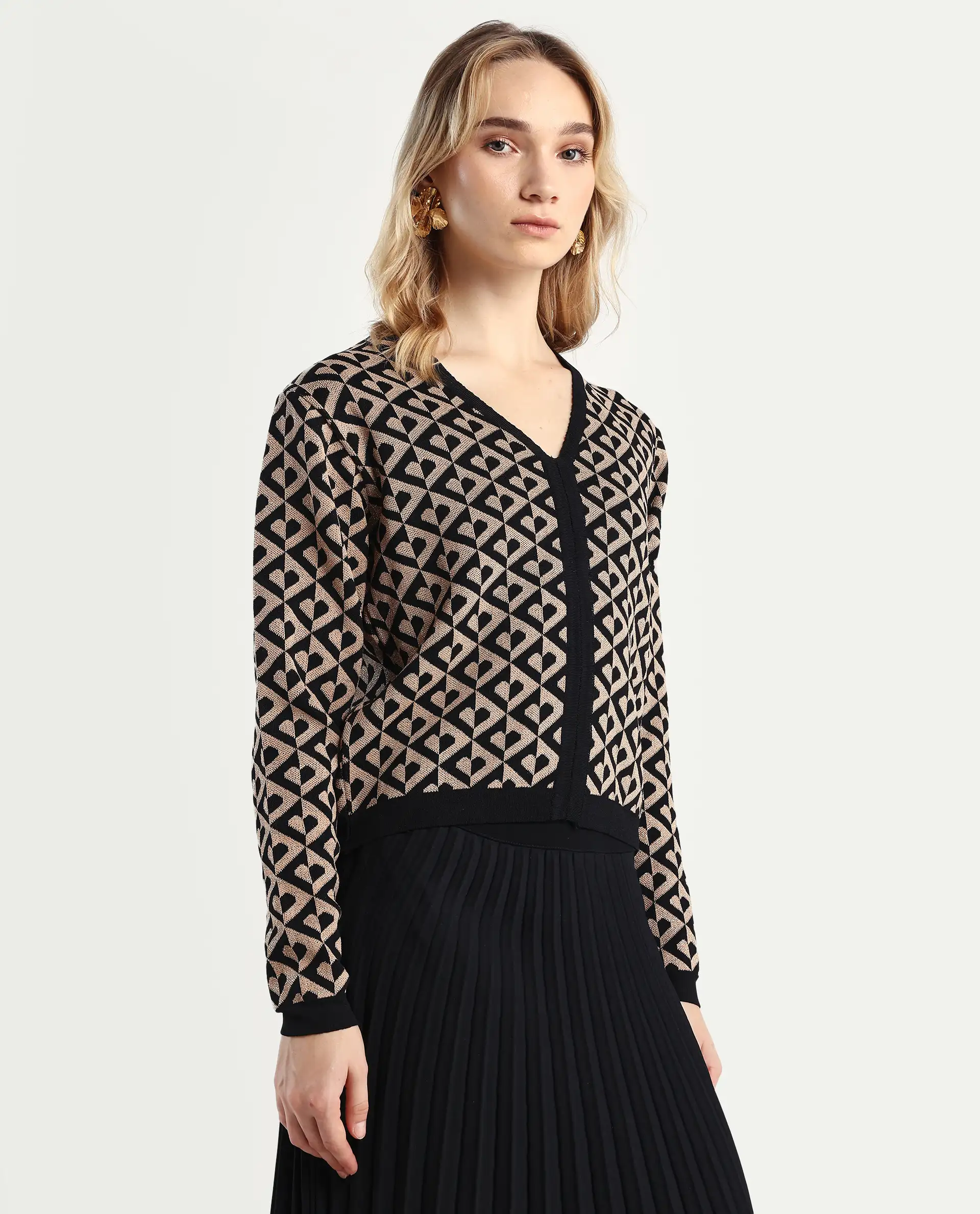 Rareism Women's Dortyol Black Viscose V-Neck Geometric Print Regular Fit Sweater - Image 6