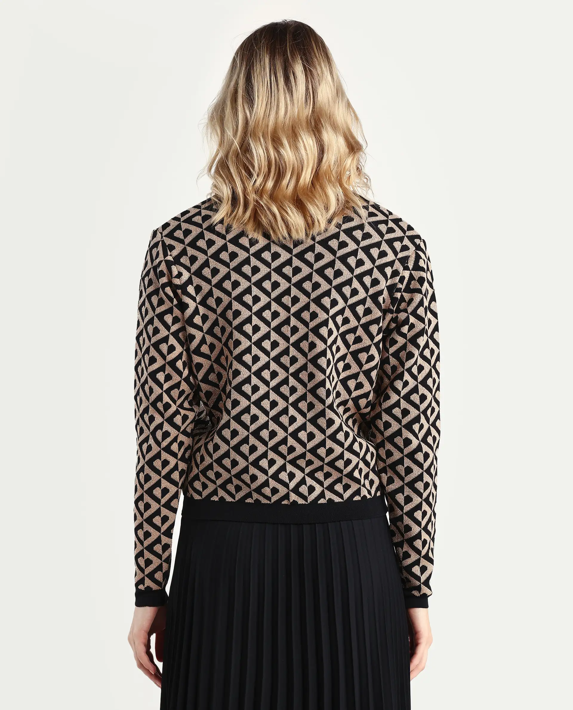Rareism Women's Dortyol Black Viscose V-Neck Geometric Print Regular Fit Sweater - Image 7