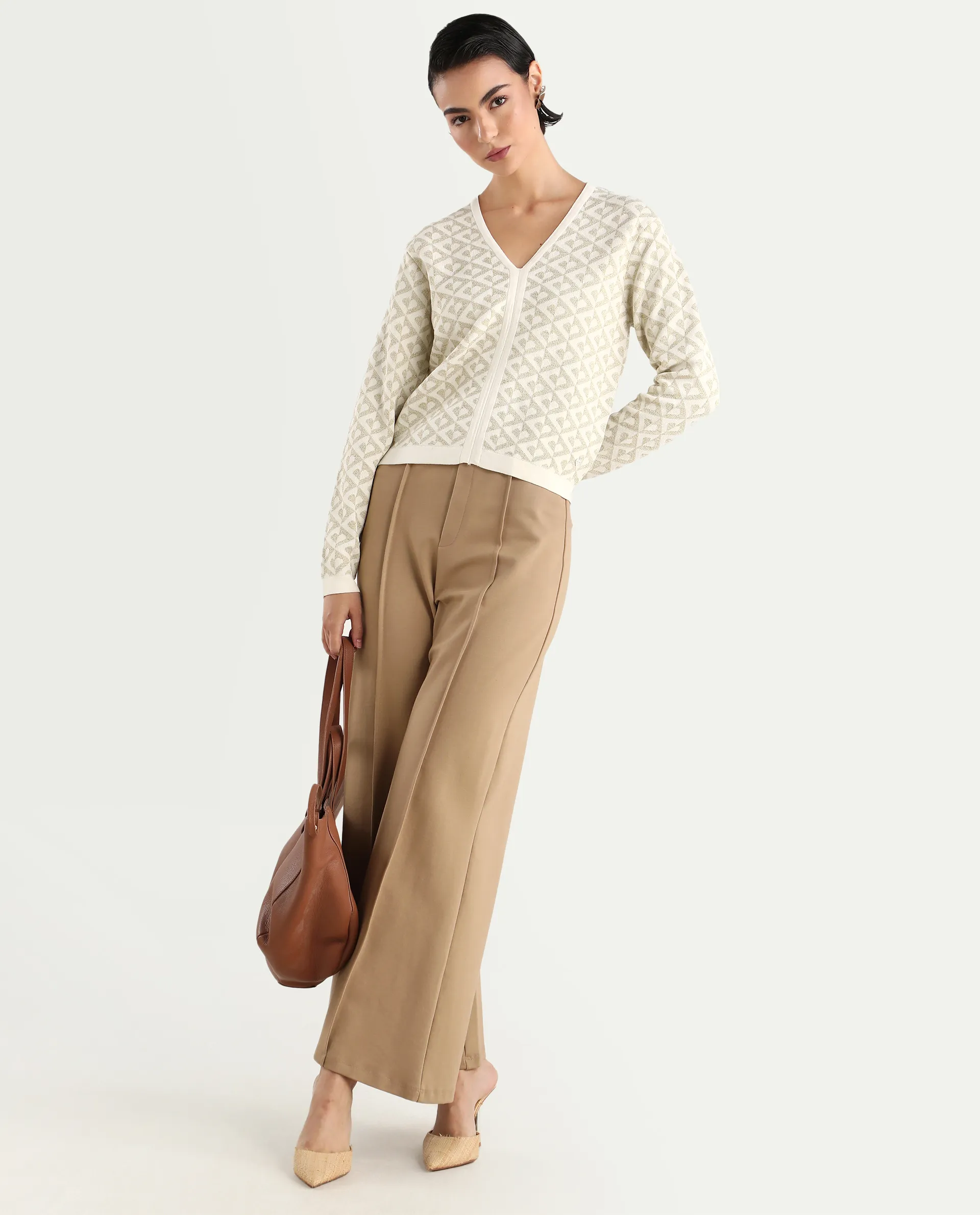 Rareism Women's Dortyol Off White Viscose V-Neck Geometric Print Regular Fit Sweater - Image 2