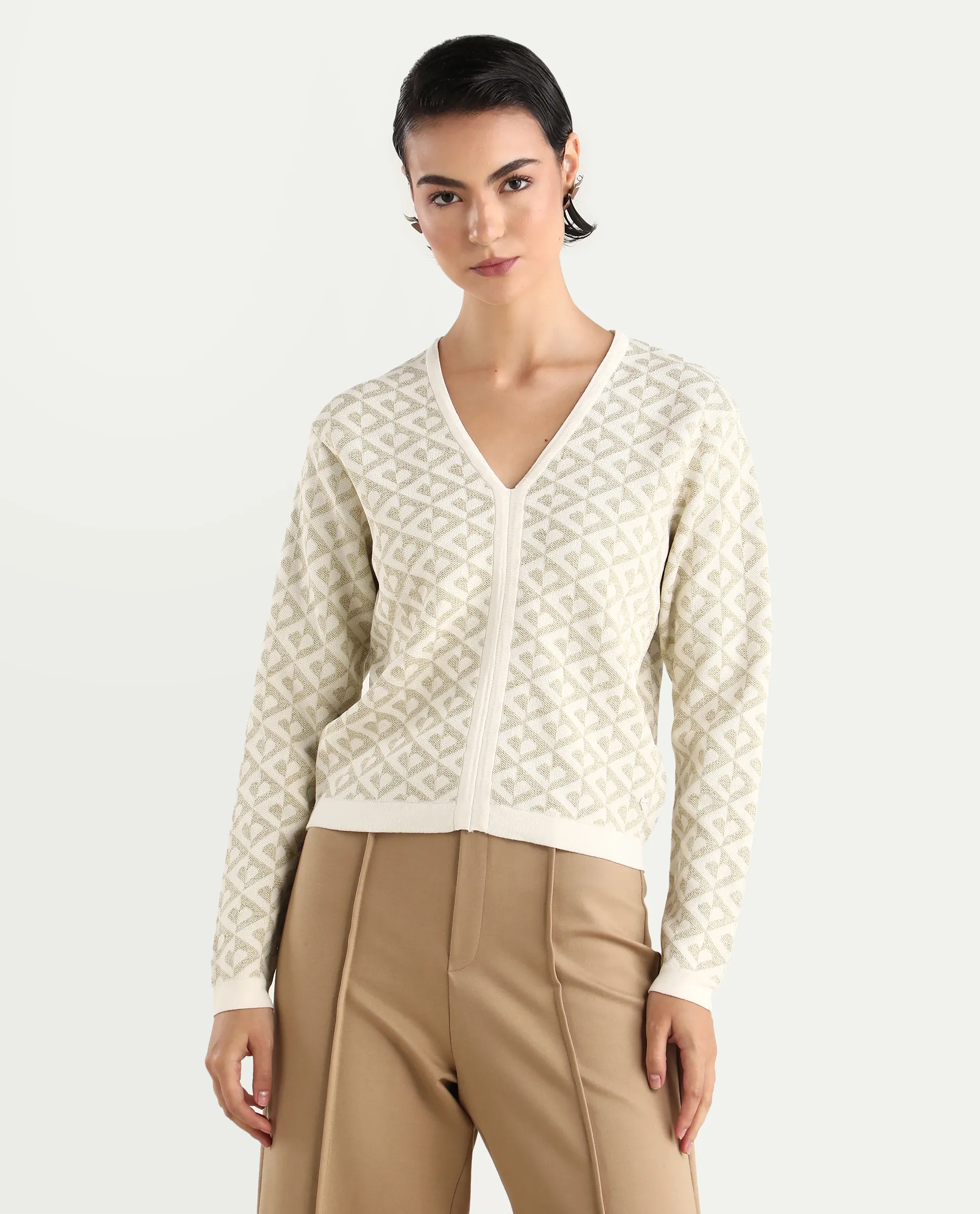 Rareism Women's Dortyol Off White Viscose V-Neck Geometric Print Regular Fit Sweater - Image 3