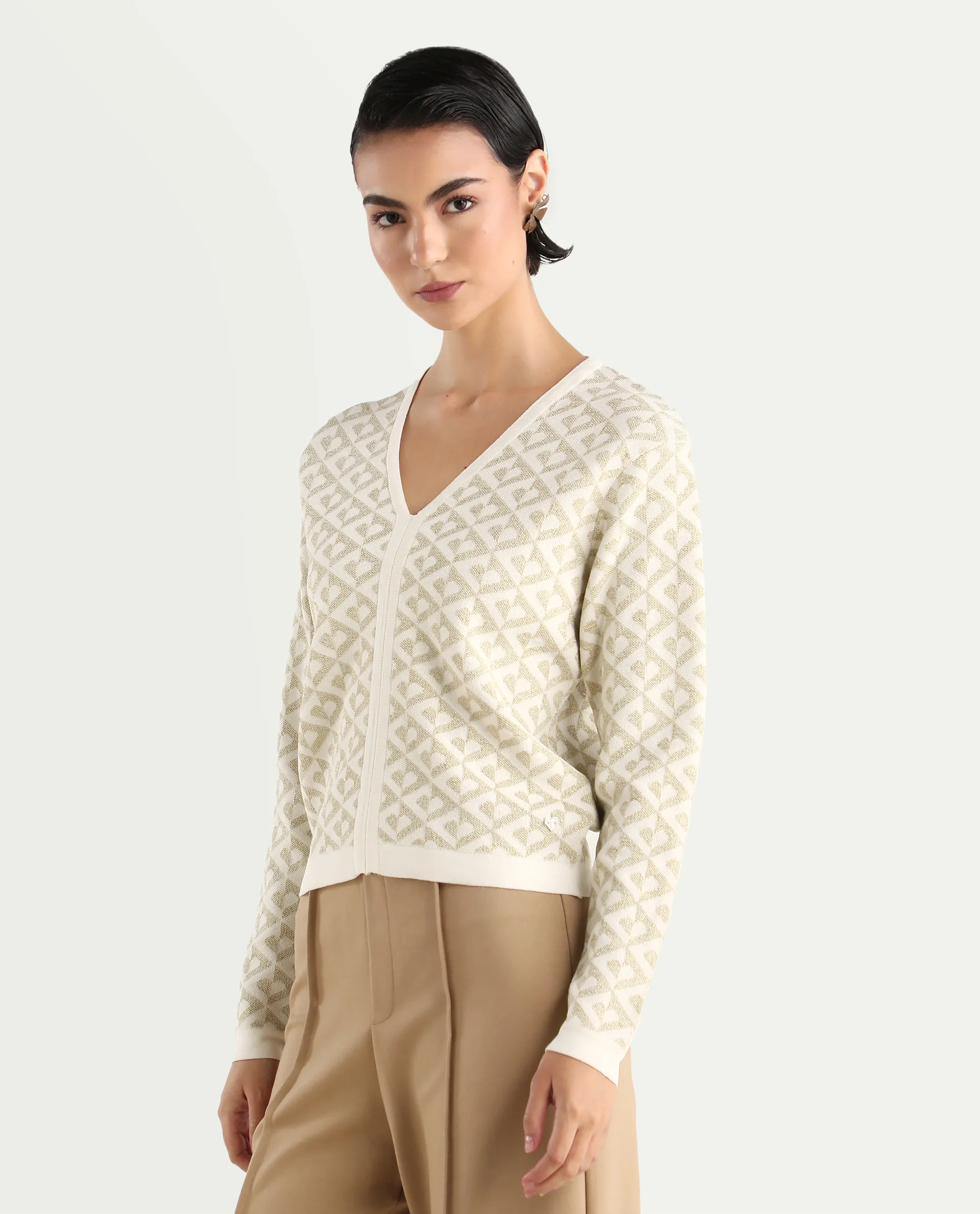 Rareism Women's Dortyol Off White Viscose V-Neck Geometric Print Regular Fit Sweater - Image 5