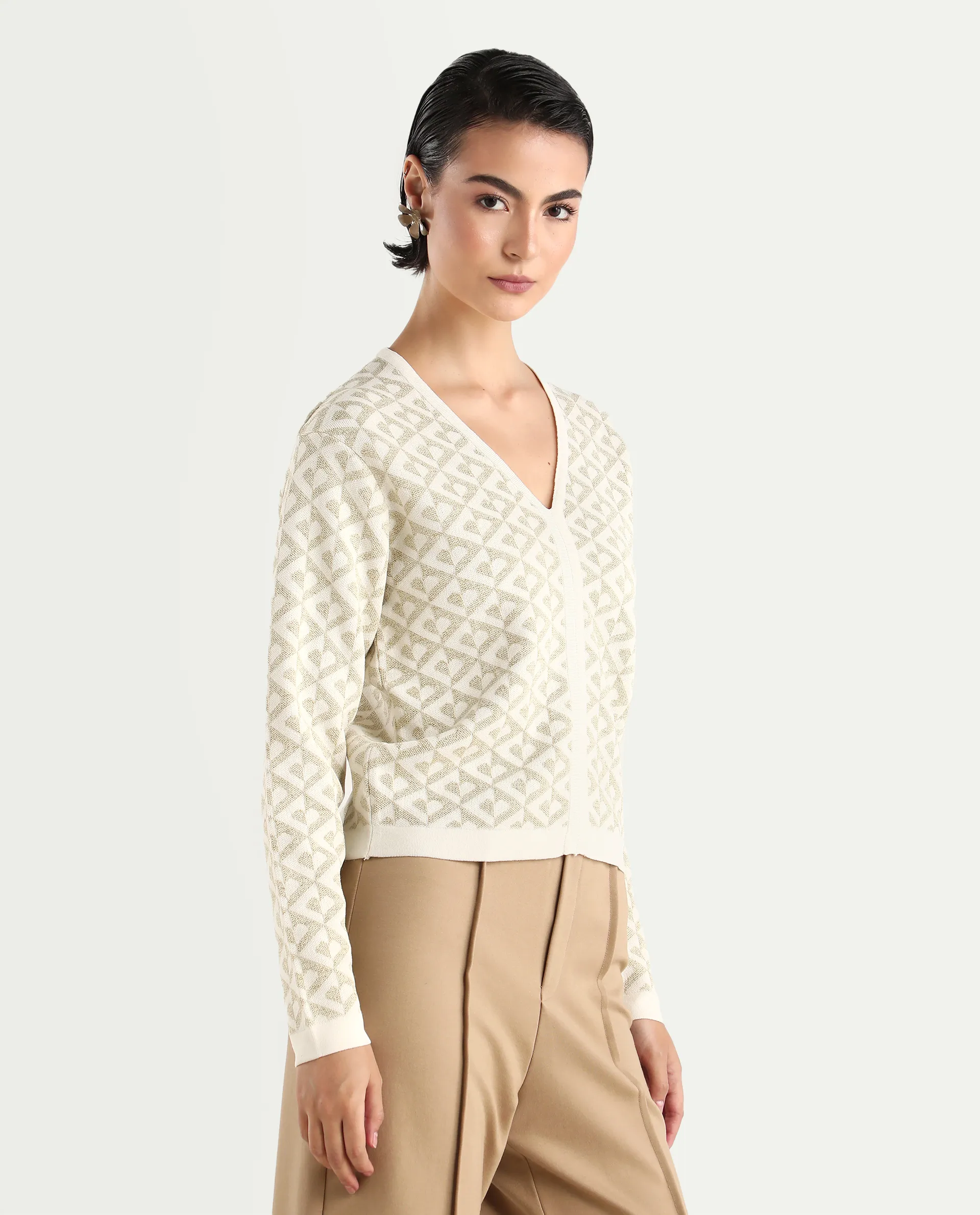 Rareism Women's Dortyol Off White Viscose V-Neck Geometric Print Regular Fit Sweater - Image 6